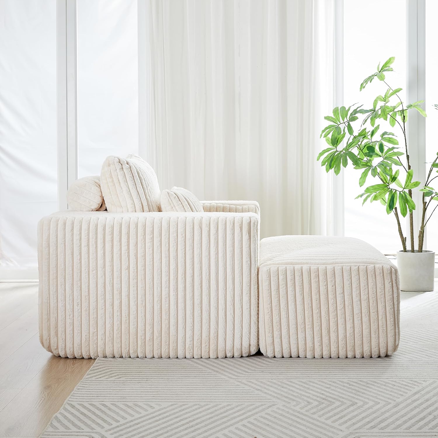 WILLIAMSPACE 48.5" Single Sofa Chair with Moveable Ottoman, Modern Upholstered Foam Armchair with Pillow, Floor Chair for Living Room Deep Seat Reading Sofa for Bedroom, Corduroy, No Assembly (Beige)