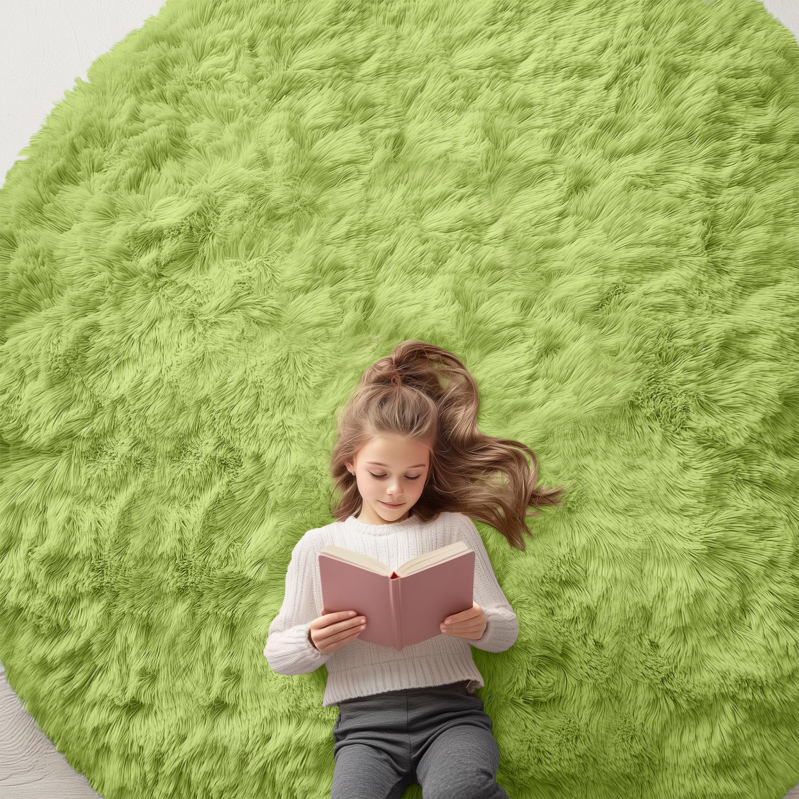 OLANLY Grass Green Round Rugs for Bedroom - Machine Washable, 8x8 Feet Circle Area Rugs for Living Room, Soft Fluffy Shaggy Carpet for Teen Girls and Boys, Dorms, Nursery Rooms, Home Decor Aesthetic โ image 1