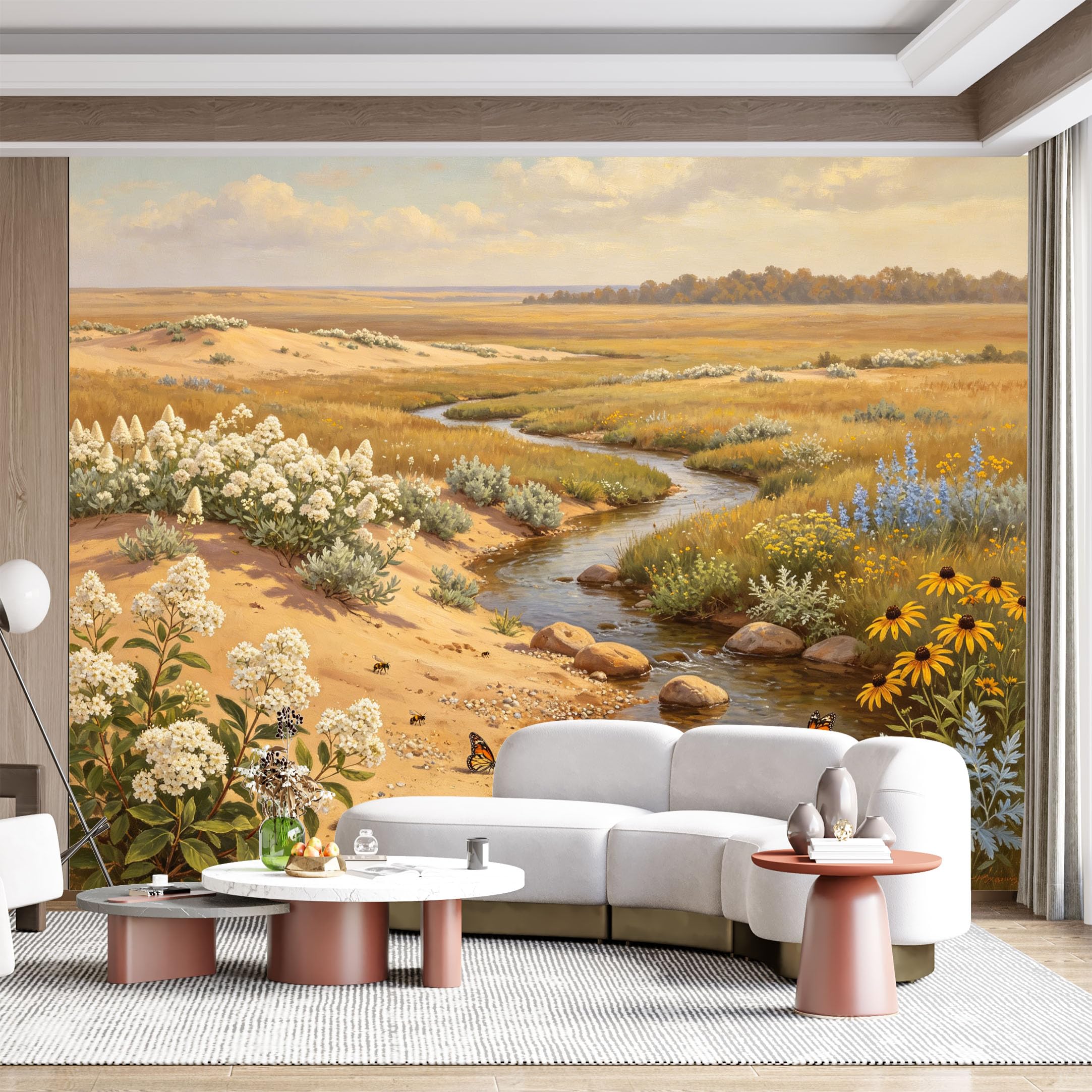 Custom Size Wall Mural Prairie Stream Wildlife Butterflies Birds Oil Painting SelfAdhesive Wall Fabric Removable for Home Office Decor