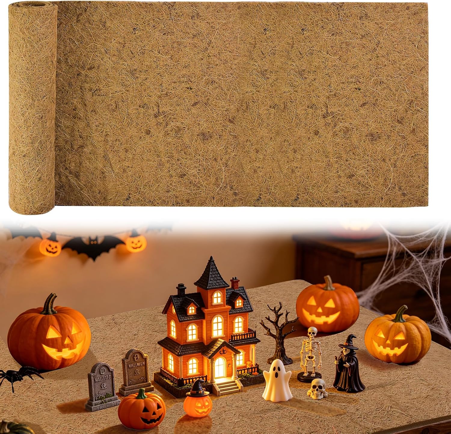 2pcs 39.3 * 15.7 Halloween Village Accessories Mat Natural Coconut Fiber for Spooky Town Landscape Accents Fall Coconut Fiber Mat for Halloween Autumn Scene Landscape Decoration
