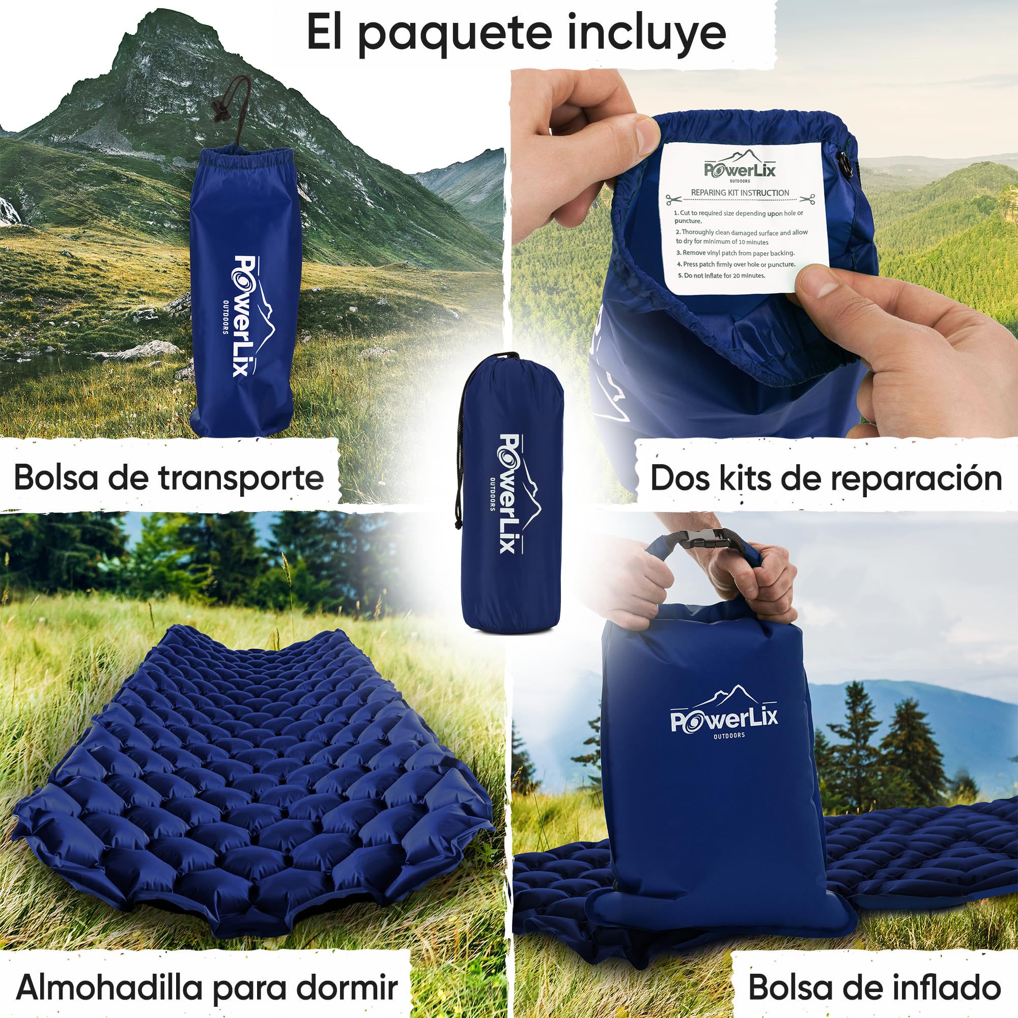 POWERLIX - Colchoneta Hinchable Ultraligera, Ideal para Camping, Mochila, Senderismo, Airpad, Bolsa Inflable, Bolsa de Transporte, Kit de reparación, colchón de Aire Compacto y Ligero