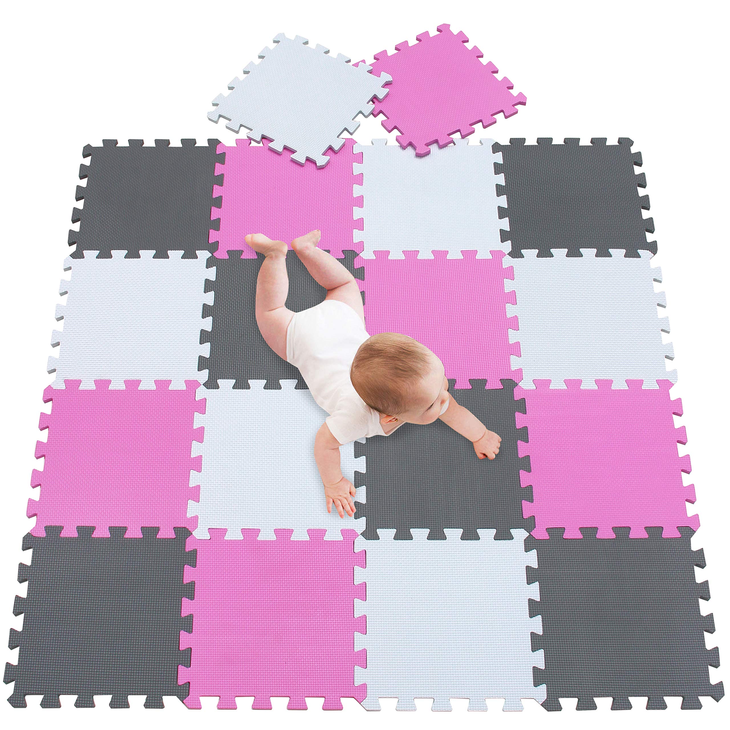 Tappeto Puzzle Bambini In EVA - 142x114cm, 18 Piastrelle, Color Bianco-Rosa-Grigio