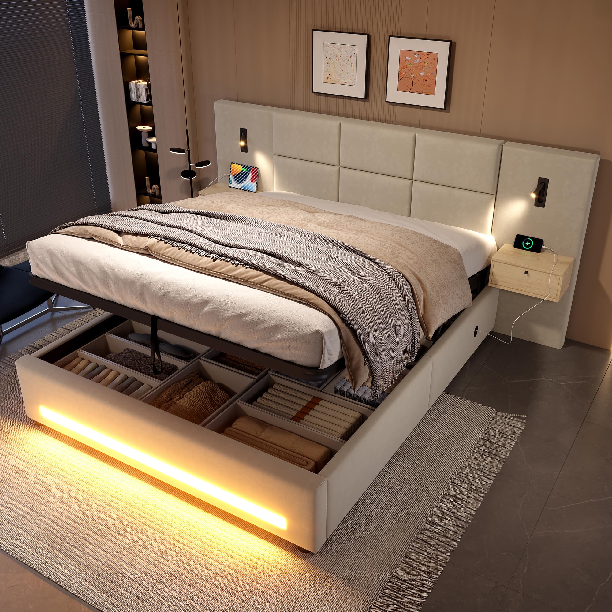 Łóżko tapicerowane 180 x 200 cm, hydrauliczne łóżko do przechowywania z lampką nocną LED, łóżko młodzieżowe ze złączami USB-C, podwójne łóżko z metalową ramą, łóżko do sypialni (bez materaca