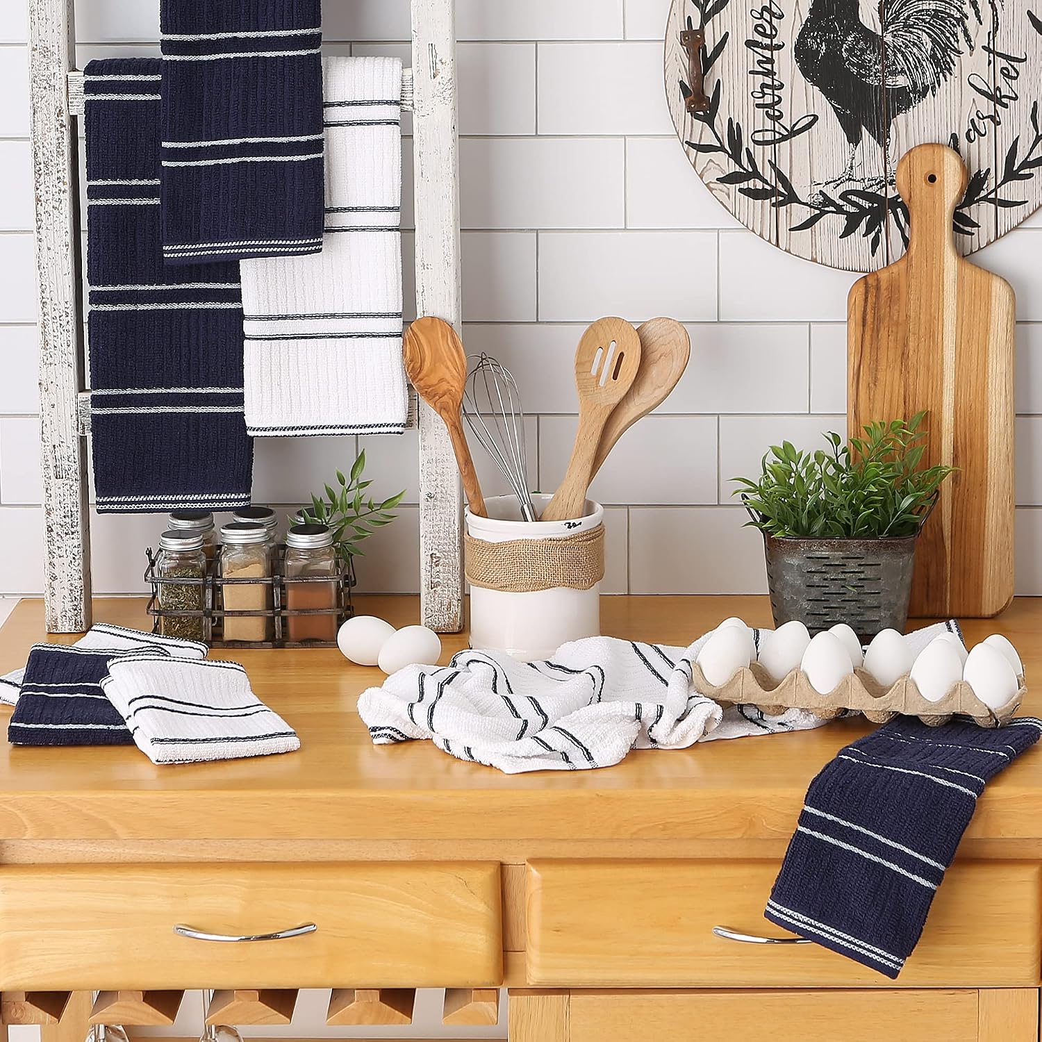 DII Basic Ribbed Terry Kitchen Basics Collection, Blue, Kitchen Set, 8 Piece