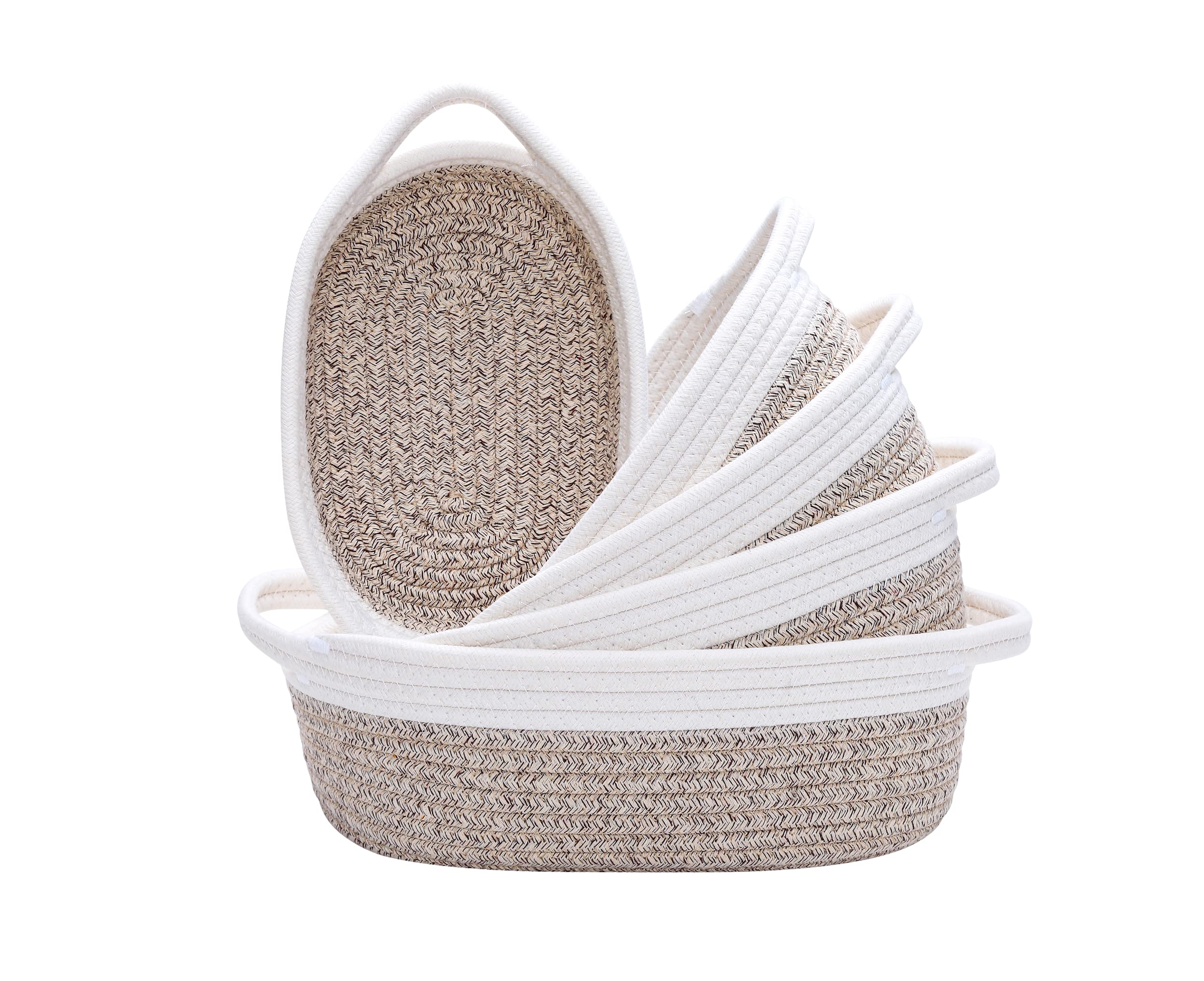 5-Piece Rectangular Storage Basket Set- Natural Cotton Rope Woven Baskets for Organizing, Small Basket with Handles for Baby Nursery, Dog Toy Baskets, Bathroom Organization Bin(Off White & Mix Brown)