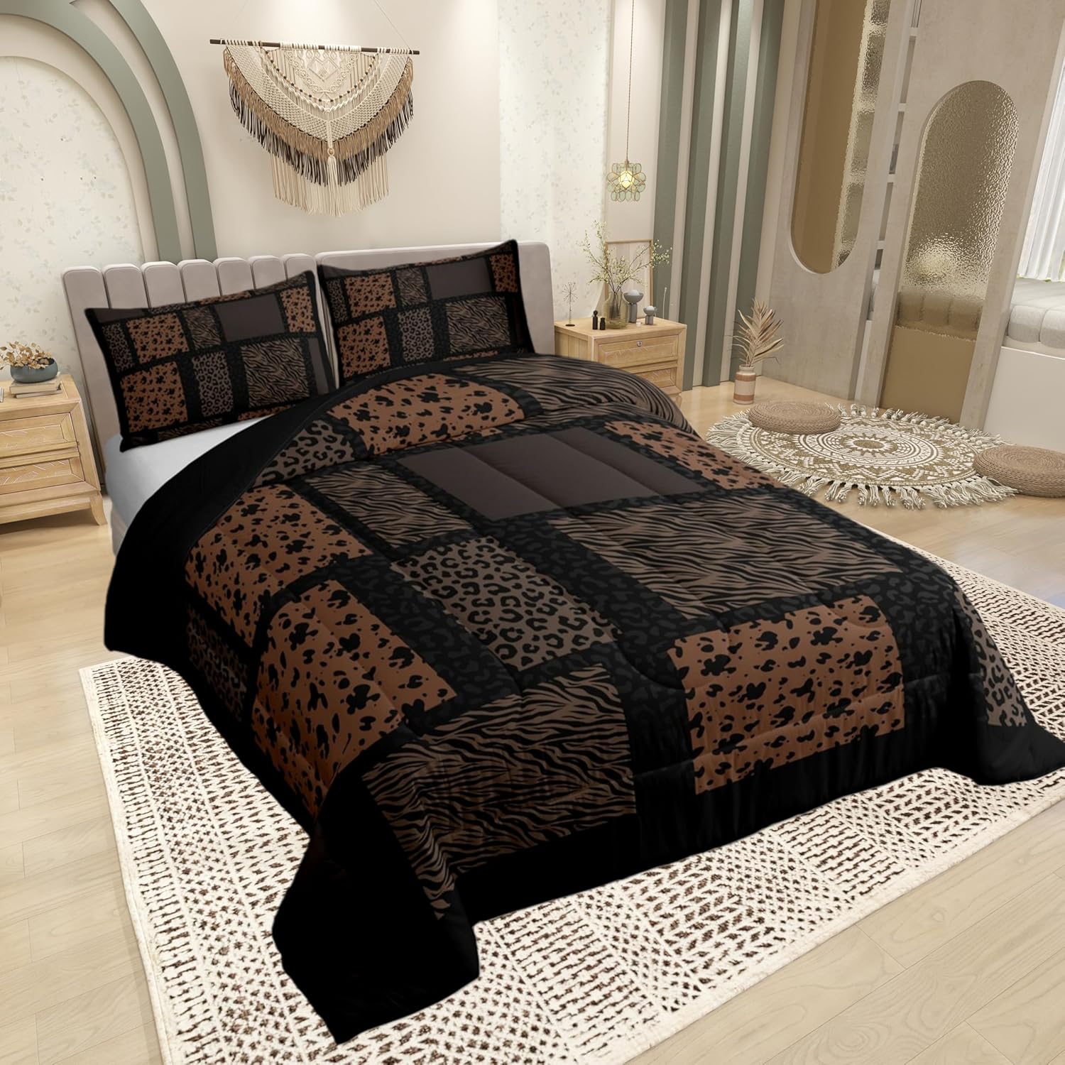 Wildlife Fur Splicing Print Comforter Set King Size,Brown Black Animals Skin Down Alternative Adults Bedroom Decor,Leopard Cheetah Zebra Cattle Ultra Soft Microfiber Inner Fill 3Pcs Bedding