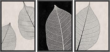 IDEA4WALL Framed Canvas Print Wall Art Set Tan Black Forest Plant Leaf Close Up Details Abstract Shapes Illustrations Modern Art Decorative Nordic for Living Room, Bedroom, Office - 24"x36"x3 Black