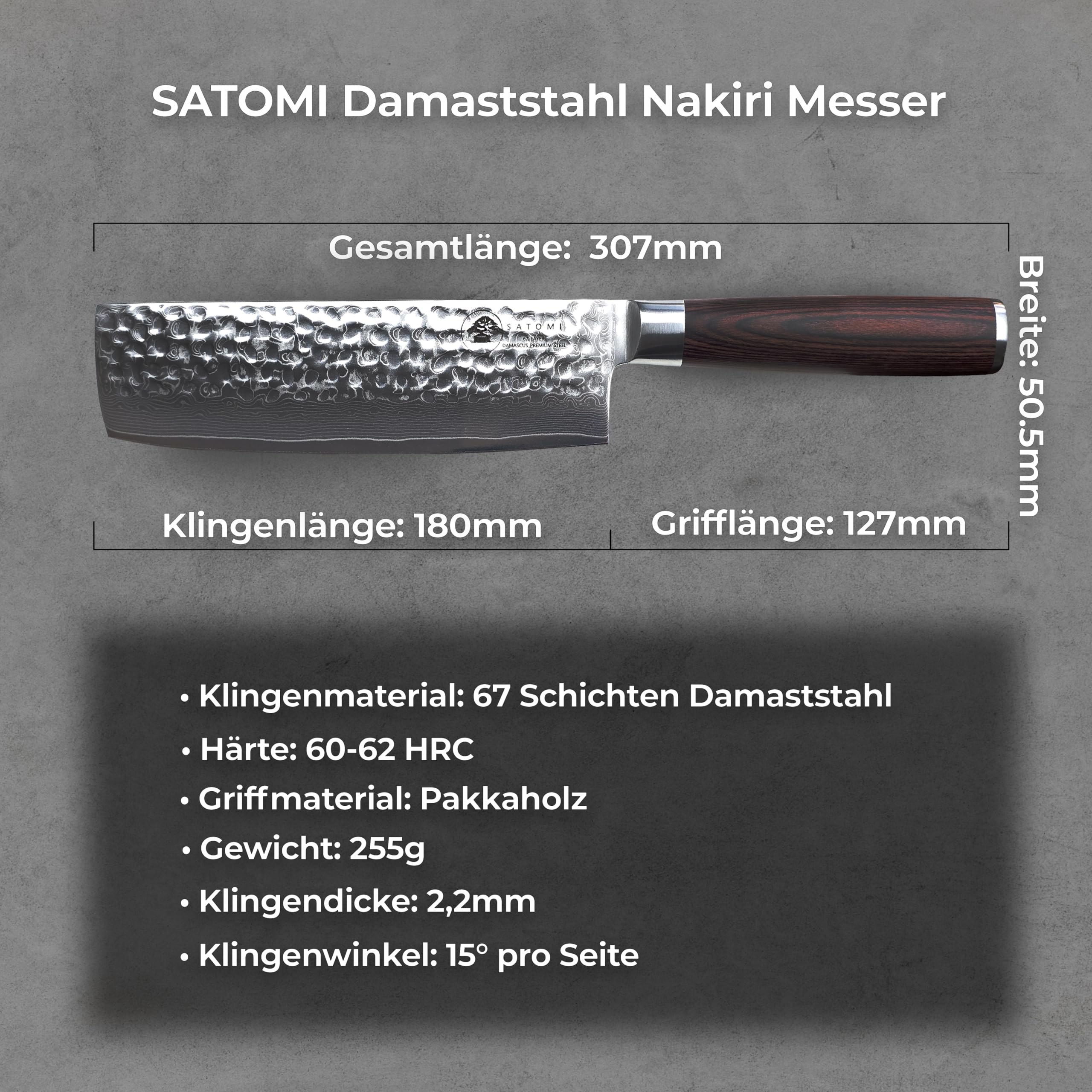 SATOMI® Nakiri Messer mit 18 cm Klinge gefertigt aus 67 Lagen Damaststahl traditionell Japanischer Stil mit Hammerschlag Damastmesser Küchenmesser Profi Kochmesser mit edlem Pakkaholz Griff