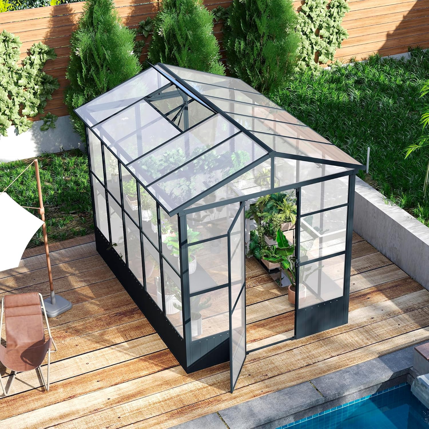 BOX 1of 2 Polycarbonate Greenhouse with Automatic Vent, Extra Tall 8FT Walk-in Aluminum Frame, Weather-Resistant Green House with Shelves & Hooks for Outdoor Garden, Backyard, Dark Grey
