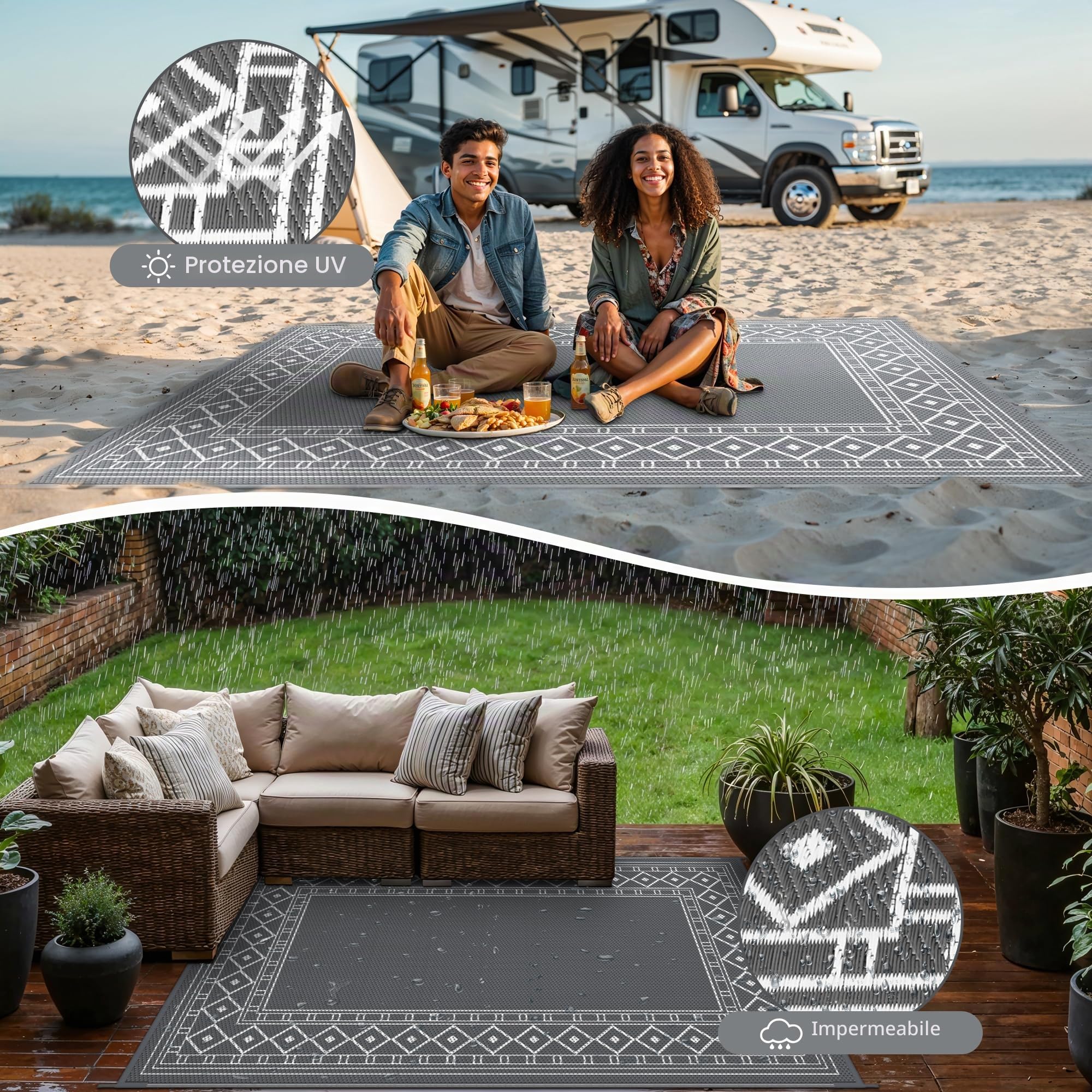 GENIMO Tappeto da Esterno 150x240 cm in Plastica Impermeabile Lavabile Reversibile, Vintage Grigio/Bianco per Terrazza Giardino Camper Picnic Balcone