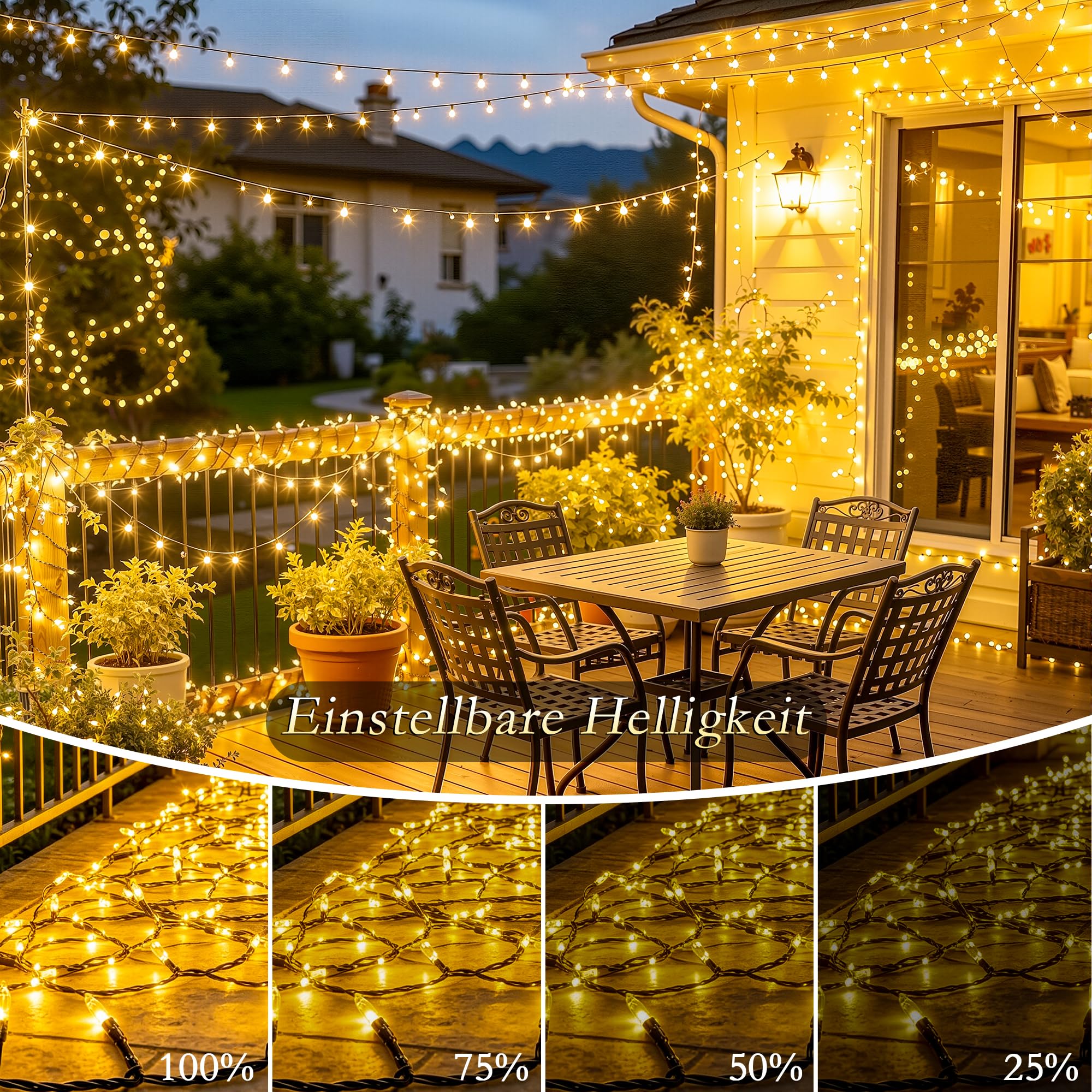 Cadena de luces para exteriores, blanco cálido, 25 m, 500 LED con cable verde, IP44, impermeable, regulable, 8 modos, temporizador y mando a distancia, cadena de luces para jardín, balcón