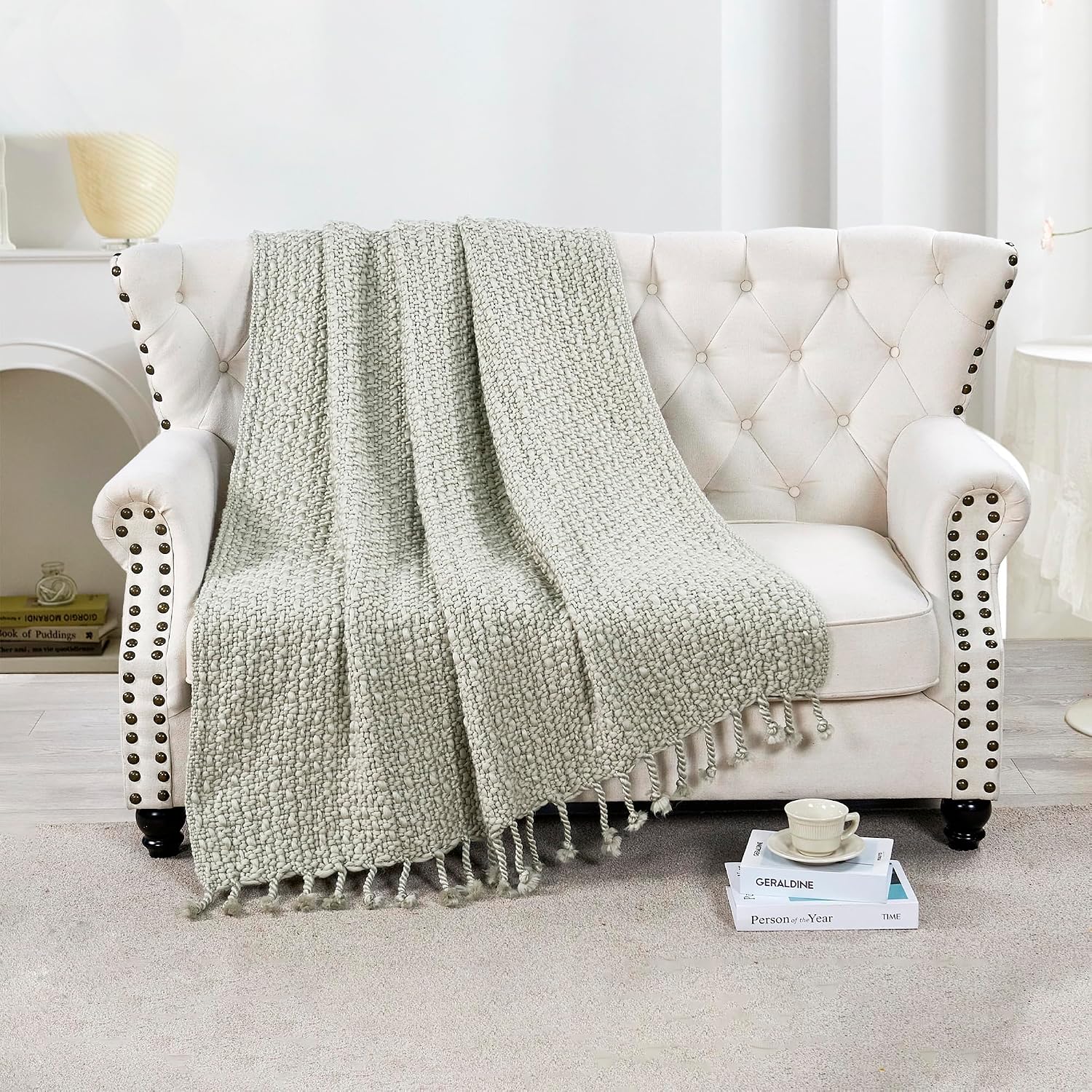 Chunky Knit Throw Blanket with Braided Tassels 50" x 60", Hand Knitted Soft Thick Yarn Basket Weave Boho Farmhouse Blanket, Plush Fluffy Tassel Decor Throw for Couch Bed Sofa, Silver Green