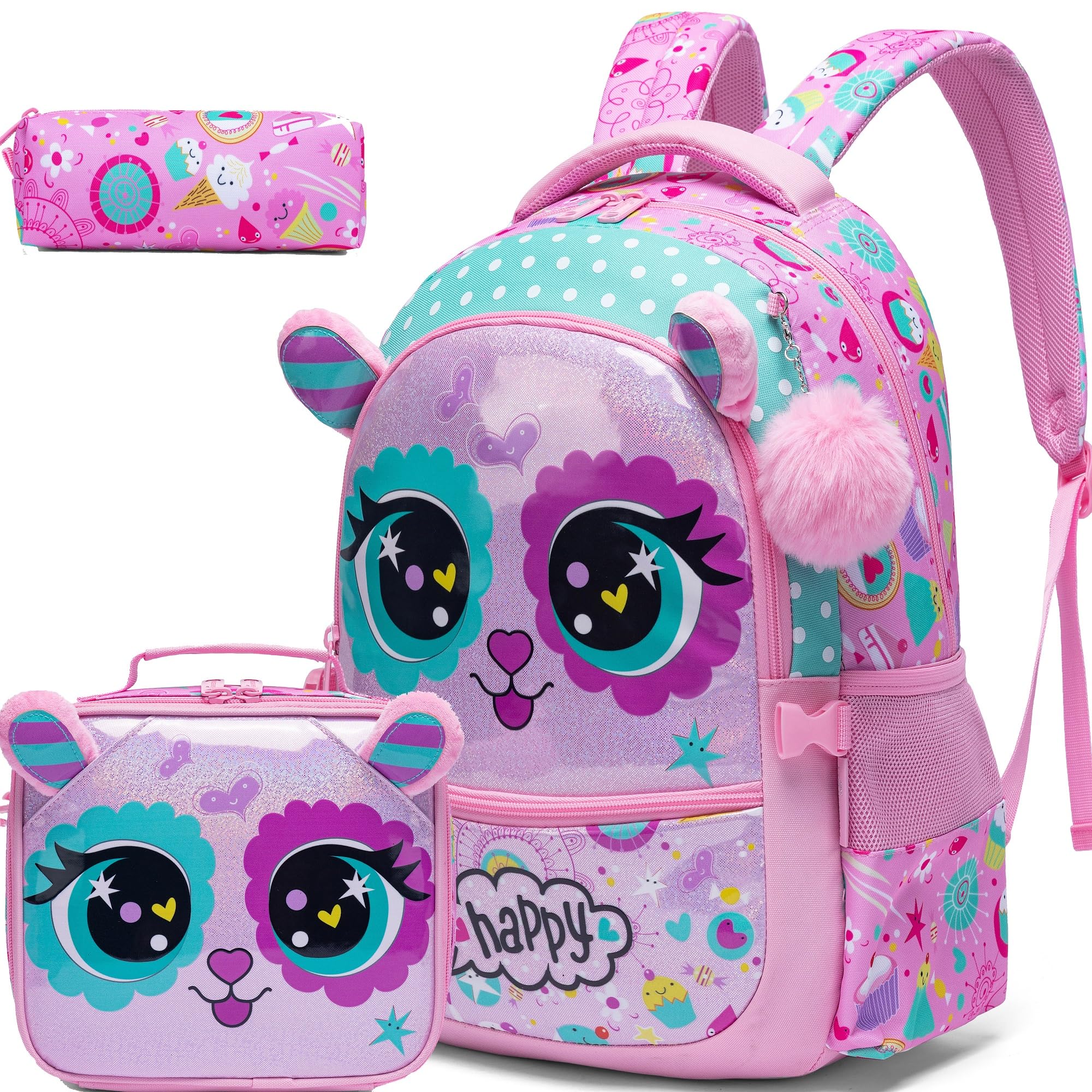MYHSBYO Cute Cat Backpacks for Girls - 2 in 1 Bookbag Set for Elementary & Preschool Students Ages 8-10