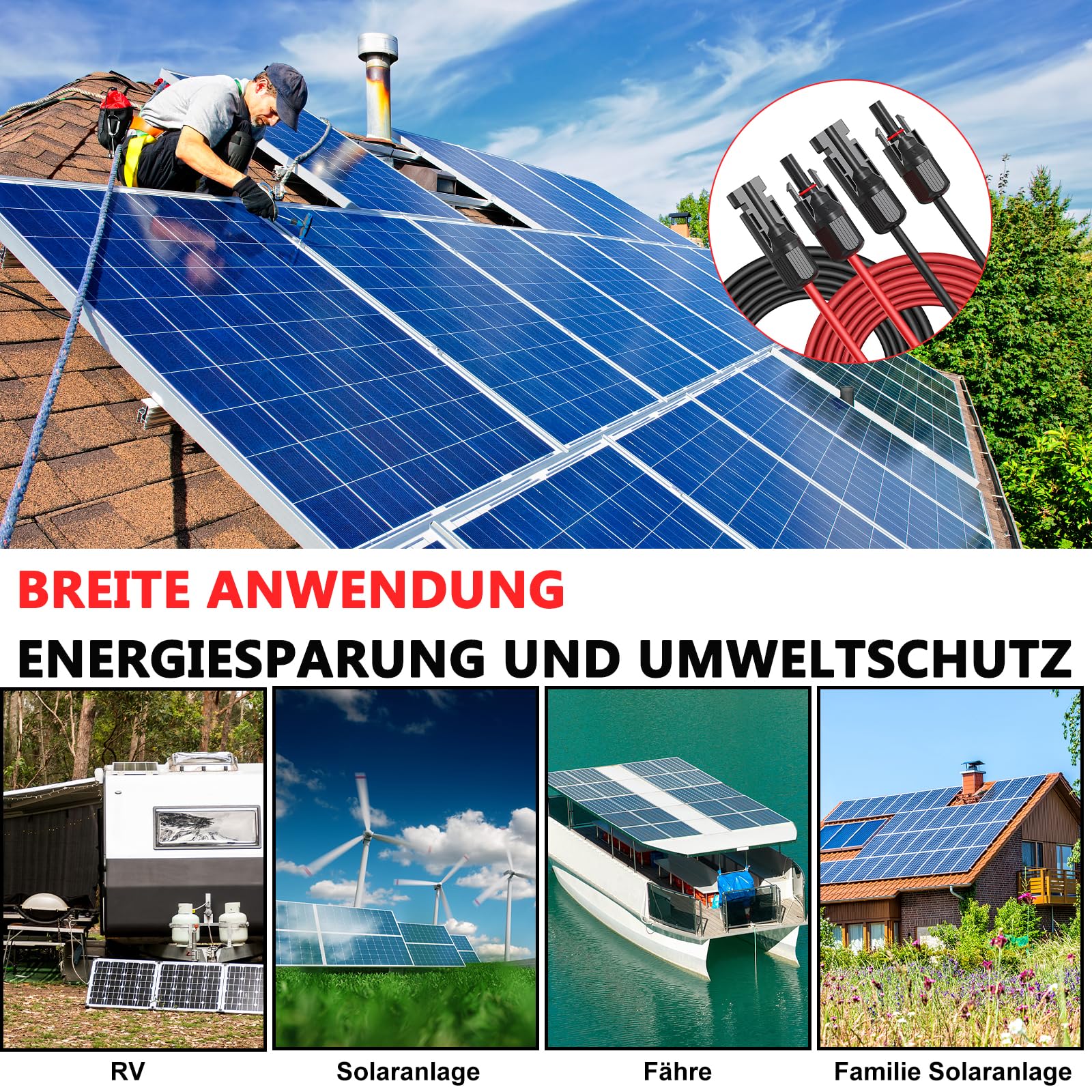 Oududianzi Solarkabel 4mm2/6mm2, Solarkabel Verlängerung 1/2/3/5/8/10/15/20/30m, Photovoltaik Kabel 20m, PV Kabel 4mm2 mit Solarstecker, Verlängerungskabel Balkonkraftwerk für Solarpanel(2x20m 4mm²)