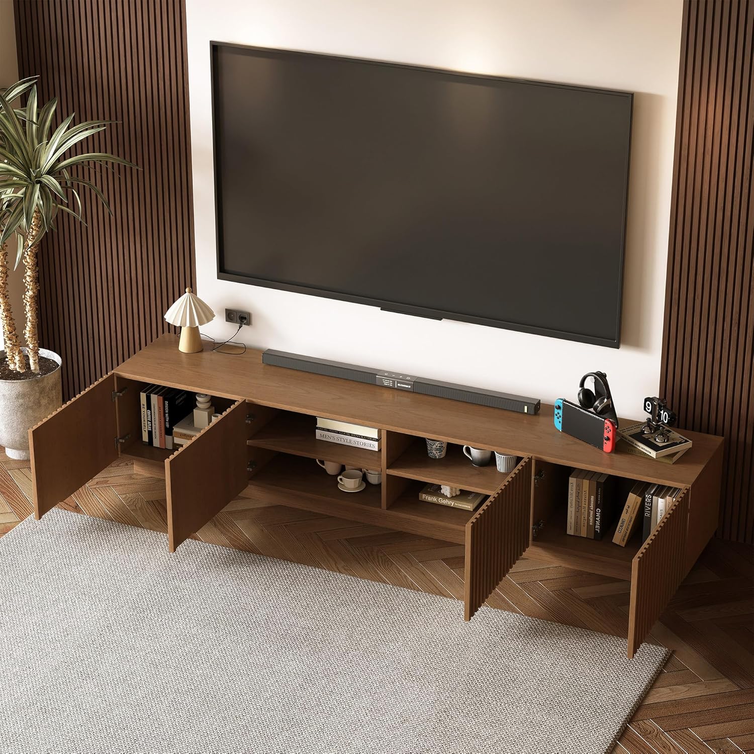 86.61" Mid-Century Modern TV Stand, Walnut Entertainment Center with 4 Doors & Adjustable Shelves, Large Wooden Media Console Cabinet for Living Room & Bedroom, Sturdy & Easy Assembly,Walnut - Image 3