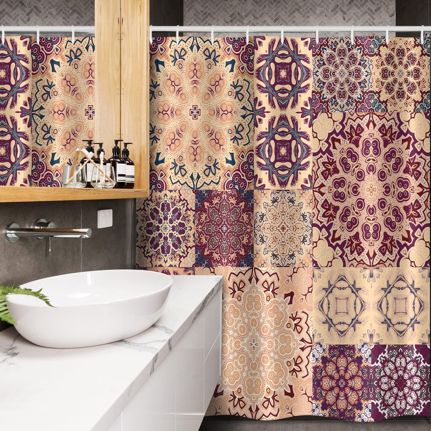 Ambesonne Moroccan Stall Shower Curtain, Large Colorful Vintage Ceramic Tiles Design Floral Forms, Fabric Bathroom Decor Set with Hooks, 54" W x 78" L, Peach Orange Red