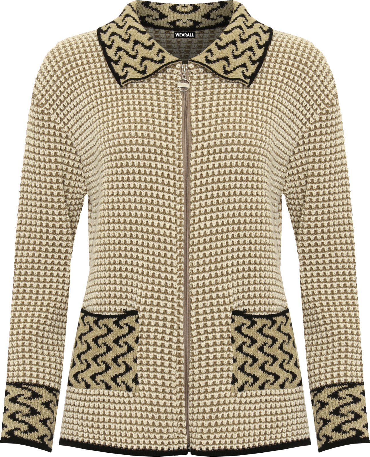 Wearall Women's Stone Cream Plus Long Sleeve Knitted Cardigan Zip Pocket Leopard Collar Jumper Jacket - 20-22