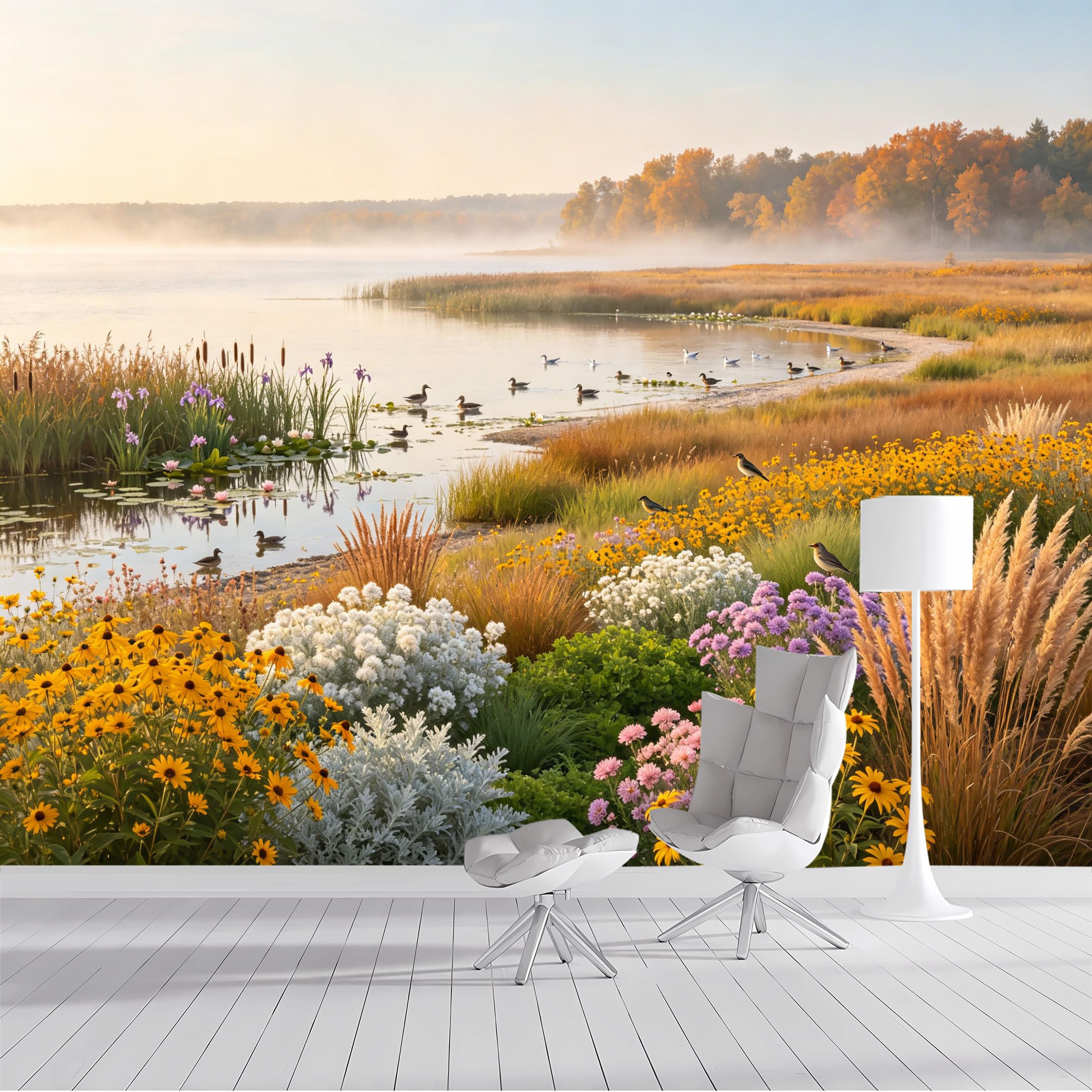 Custom Size Wall Mural Lakeside Meadow Autumn Sunset Floral Landscape Panoramic Watercolor SelfAdhesive Wall Fabric Removable Peel and Stick Wallpaper for Living Room Bedroom Bathroom
