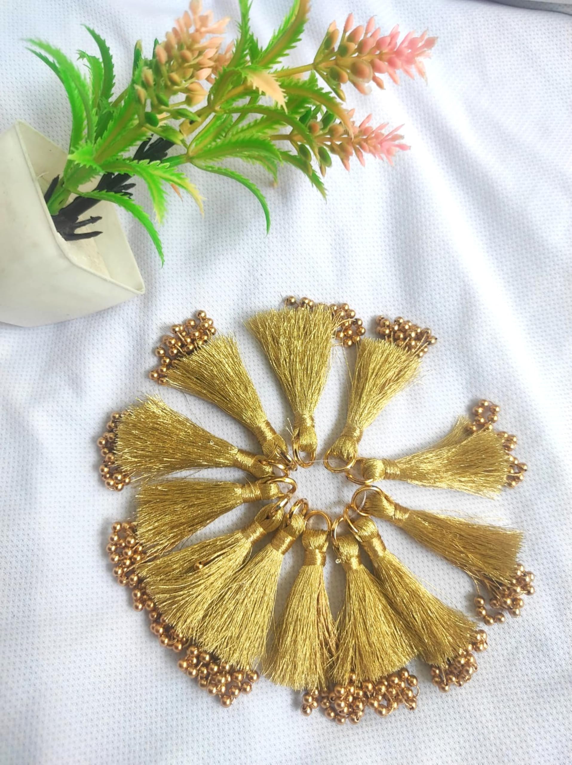 Tassels for Saree Pallu/Silk Gold Thread LATKANS for DUPPATA Saree Blouse Festive Decorations 5INCH Long Tassels with Pearls Pack of 12 Pieces (Gold ZARI)-image-10