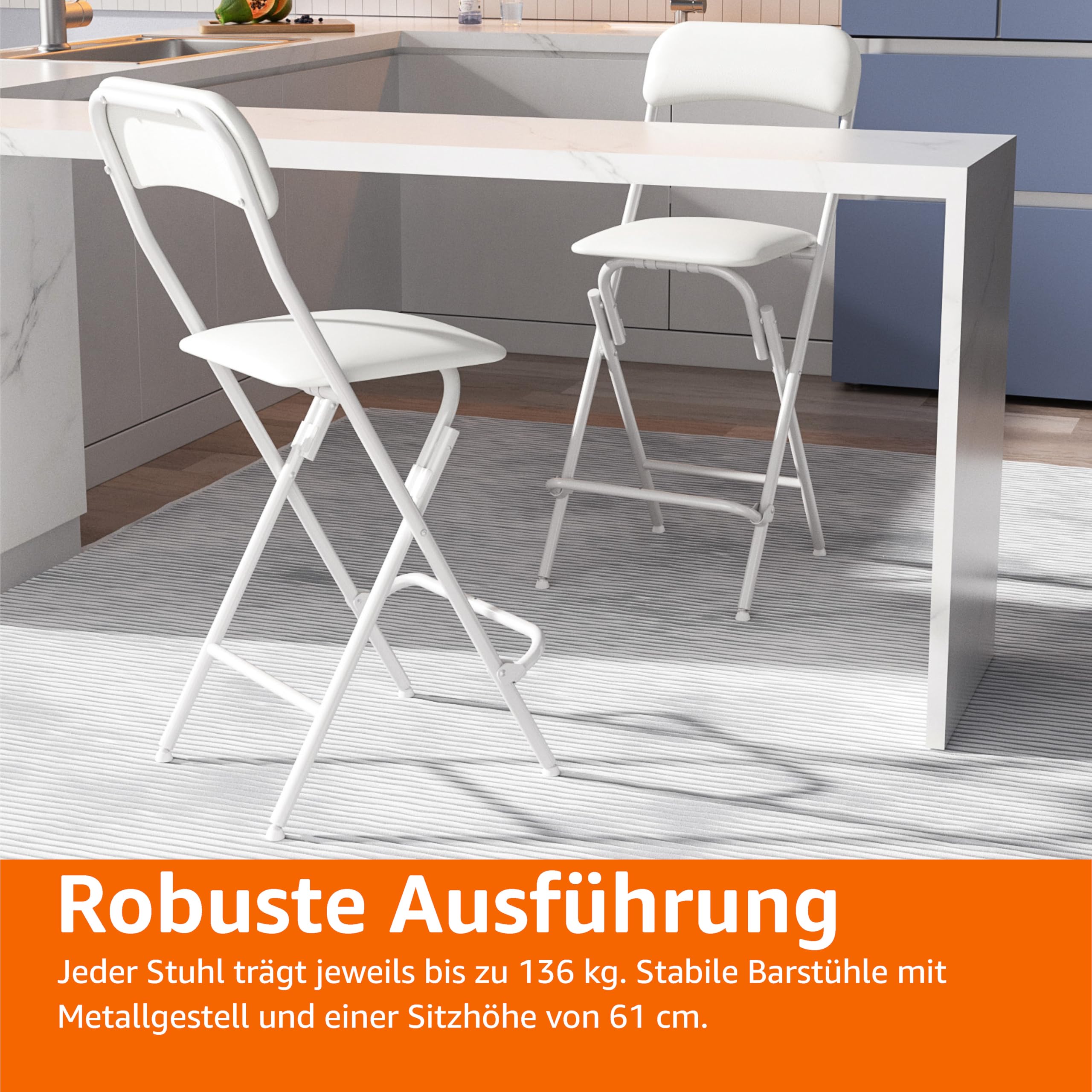 Amazon Basics Klapphocker mit Fußablage, 136,1 kg Traglast, 61 cm hoch, 2 Stück, Weiß