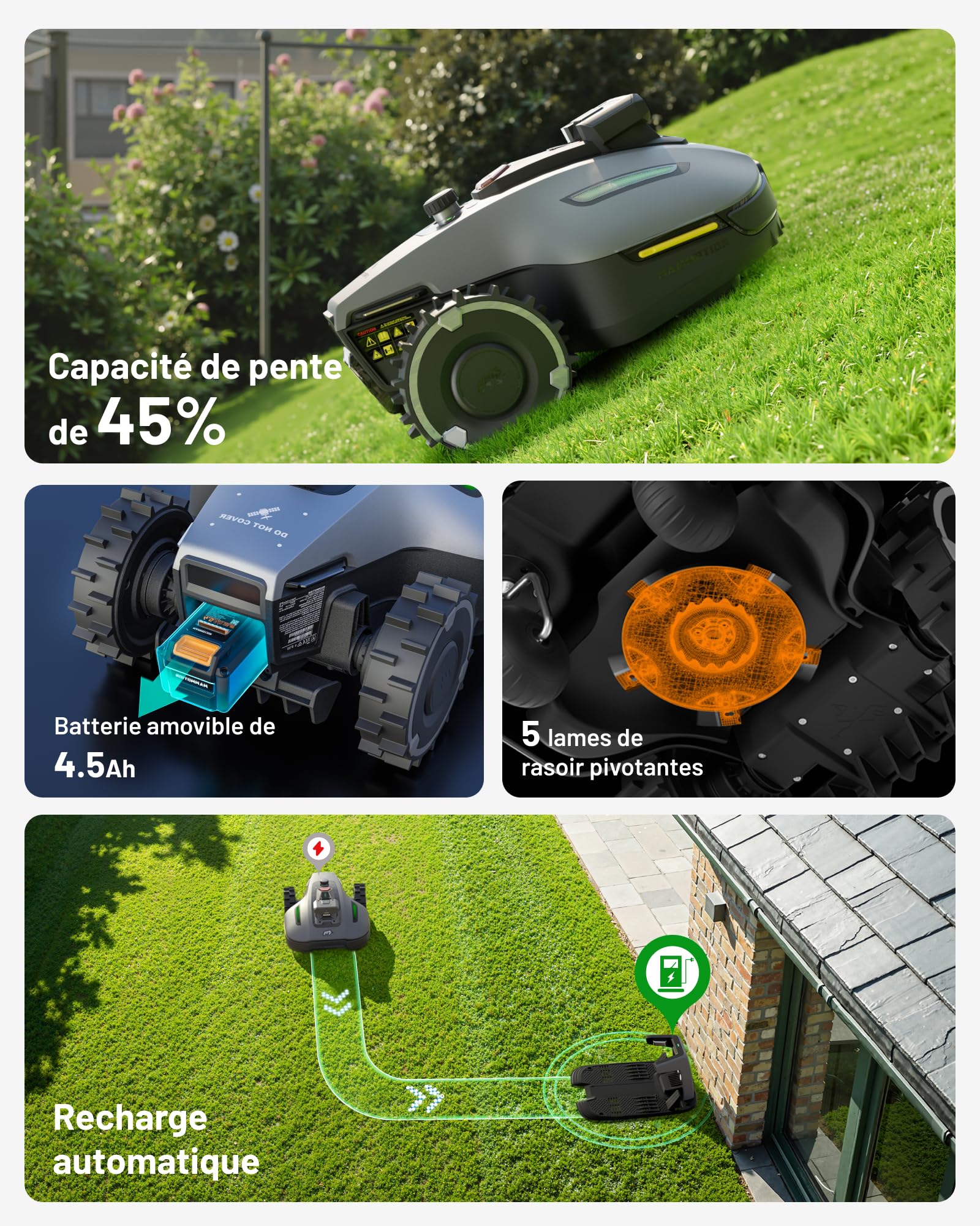 Mammotion YUKA Mini Vision, Robot Tondeuse Intelligent sans RTK avec Navigation AI Vision à Triple Caméra, Jusqu’à 700 m², Cartographie Automatique, Zéro Câble Périphérique, Pentes à 45%