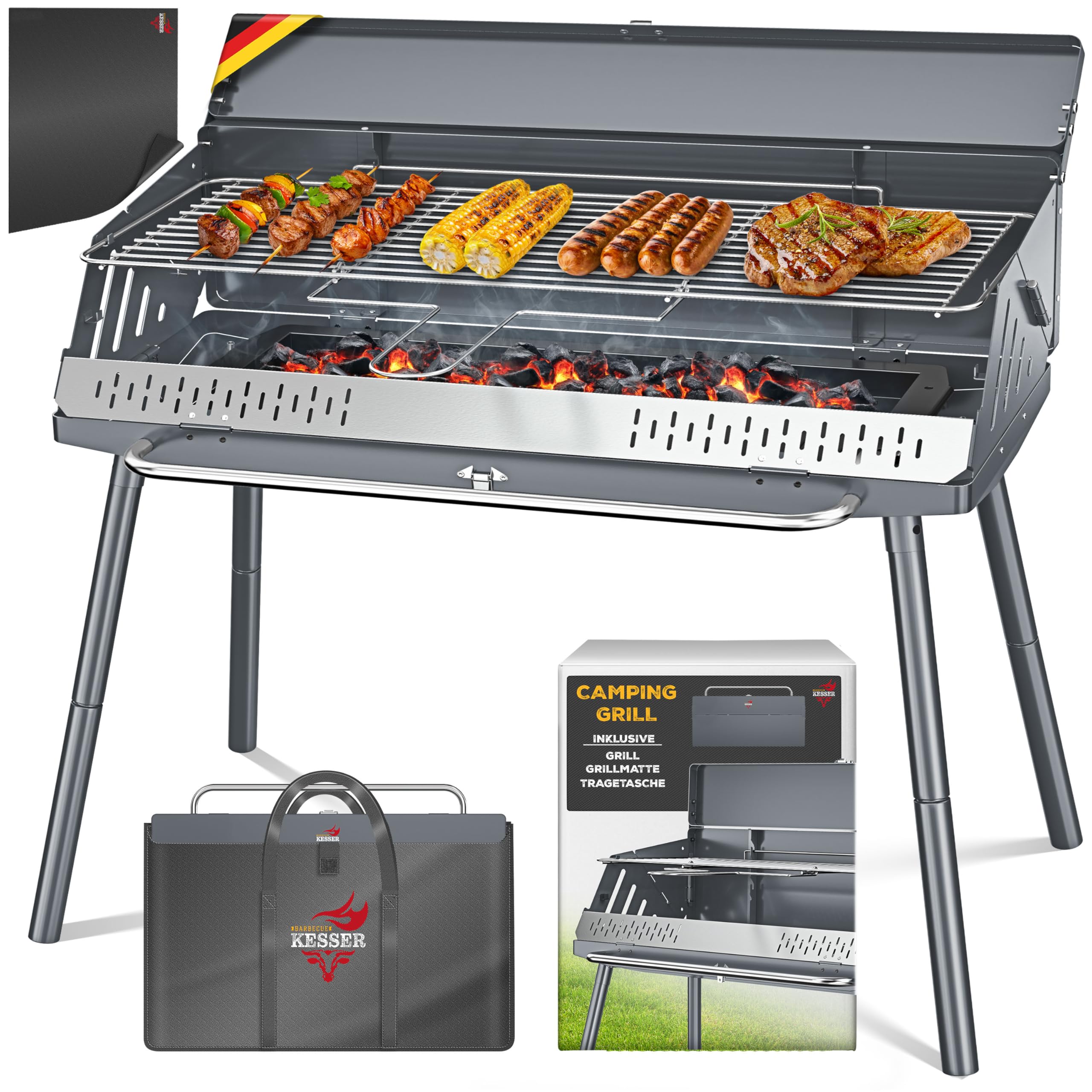 KESSER® Opvouwbare grill, draagbare campinggrill, houtskoolgrill van gepoedercoat staal, inclusief grillrooster, grillmat en draagtas, opvouwbaar, ideaal voor camping, picknick en vissen