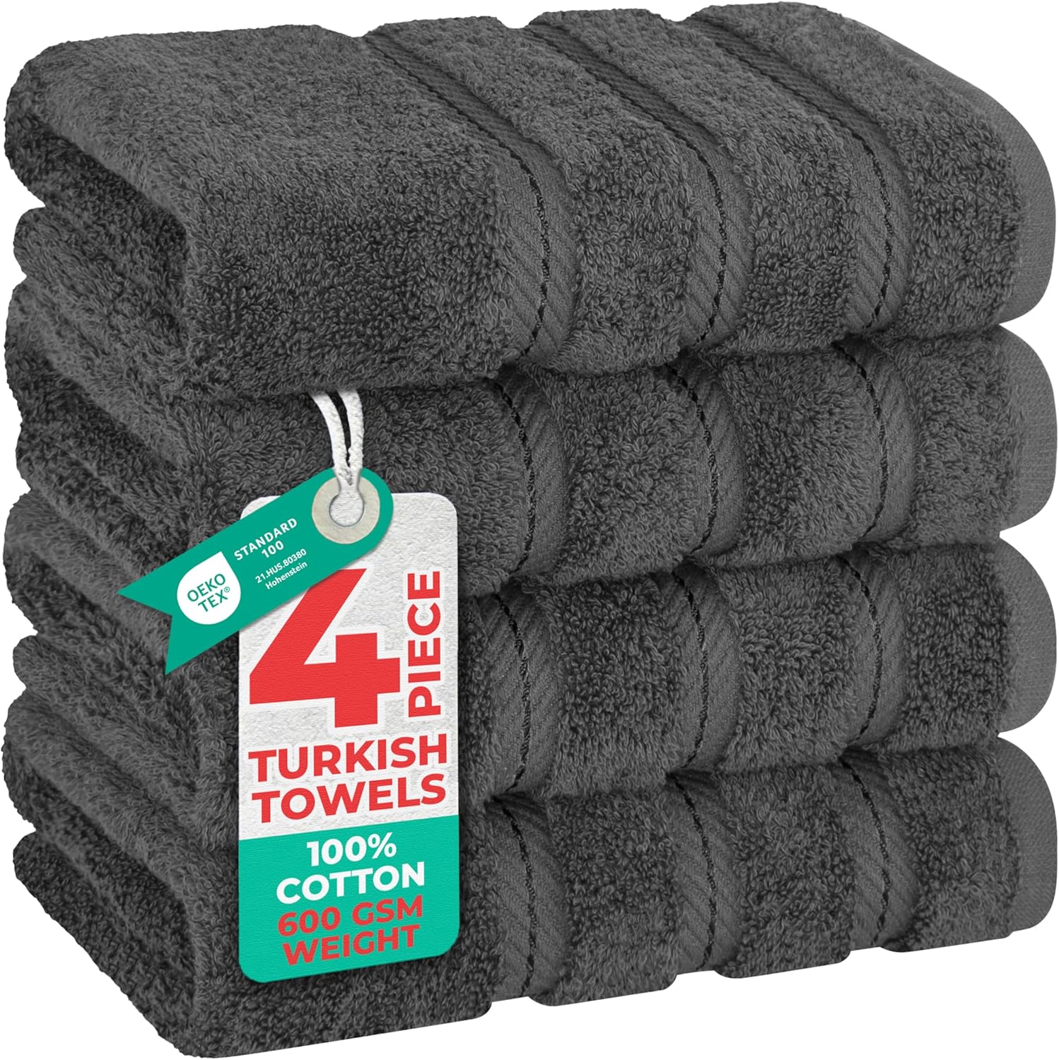 American Soft Linen Turkish Cotton Hand Towels 4 Pack, 600 GSM Heavyweight 16x28 Luxury Dark Gray Bathroom Set
