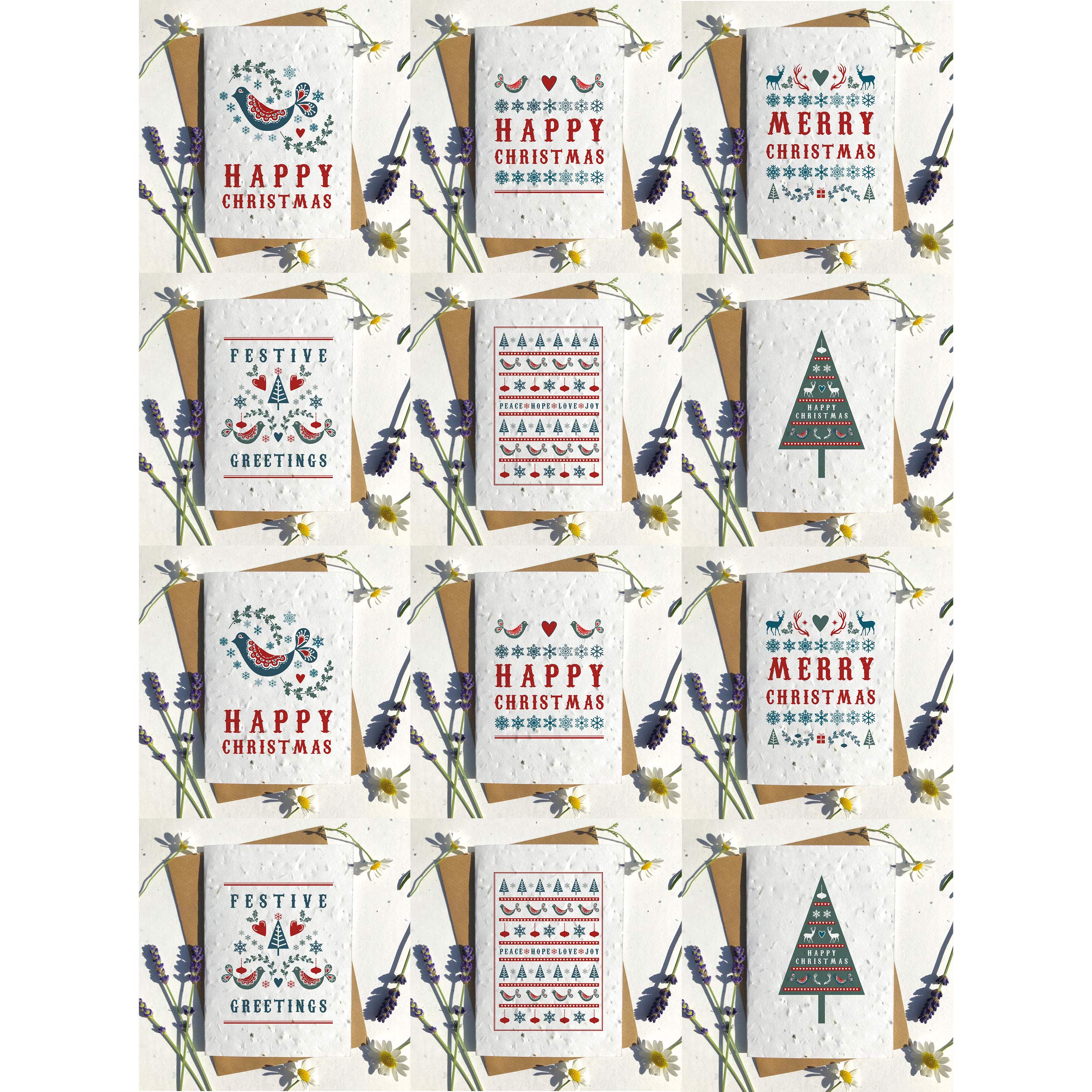 Biodegradable seed paper Christmas festive season greetings card traditional Nordic happy xmas (Pack of 12)