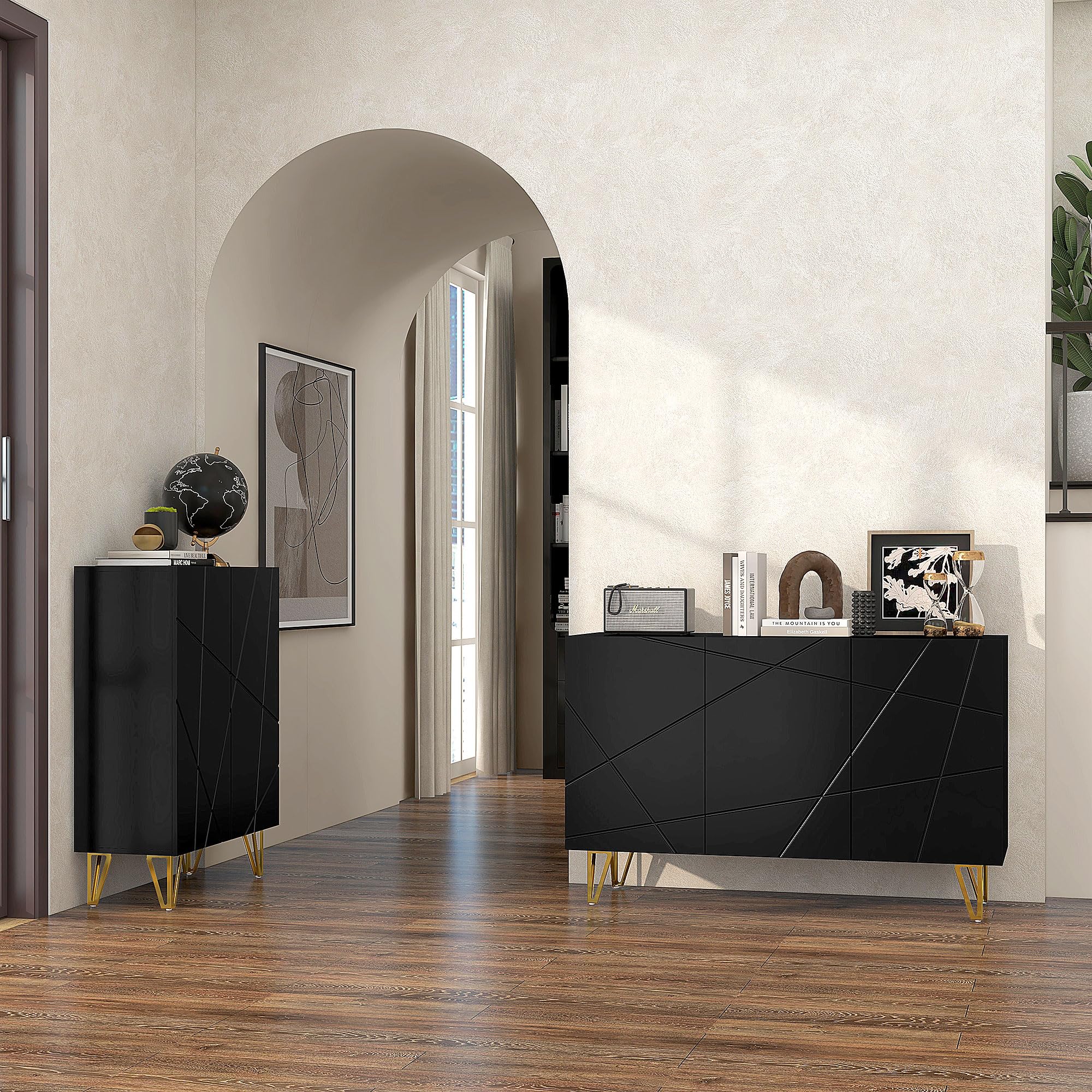 HOMCOM Mobile Contenitore con 2 Armadietti e Ripiano Regolabile a 3 Livelli, Credenza Moderna con Gambe in Metallo, 120x40x75 cm, Nero e Oro