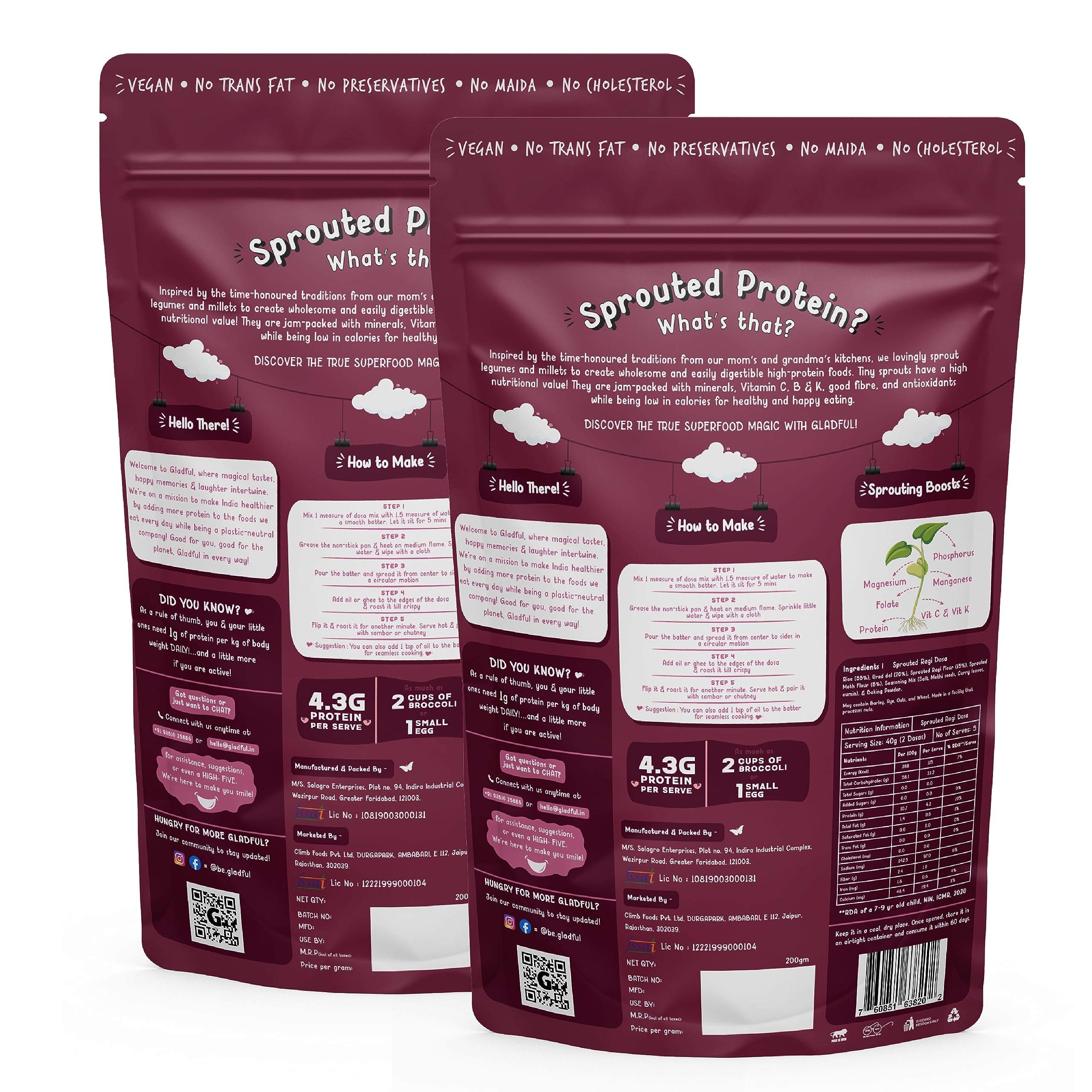 Gladful Sprouted Millet Ragi Dosa Uttapam Mix - High Protein, Gluten Free, No Palm Oil, Source Of Fiber 400 gram (Pack Of 2) - Image 6 thumbnail