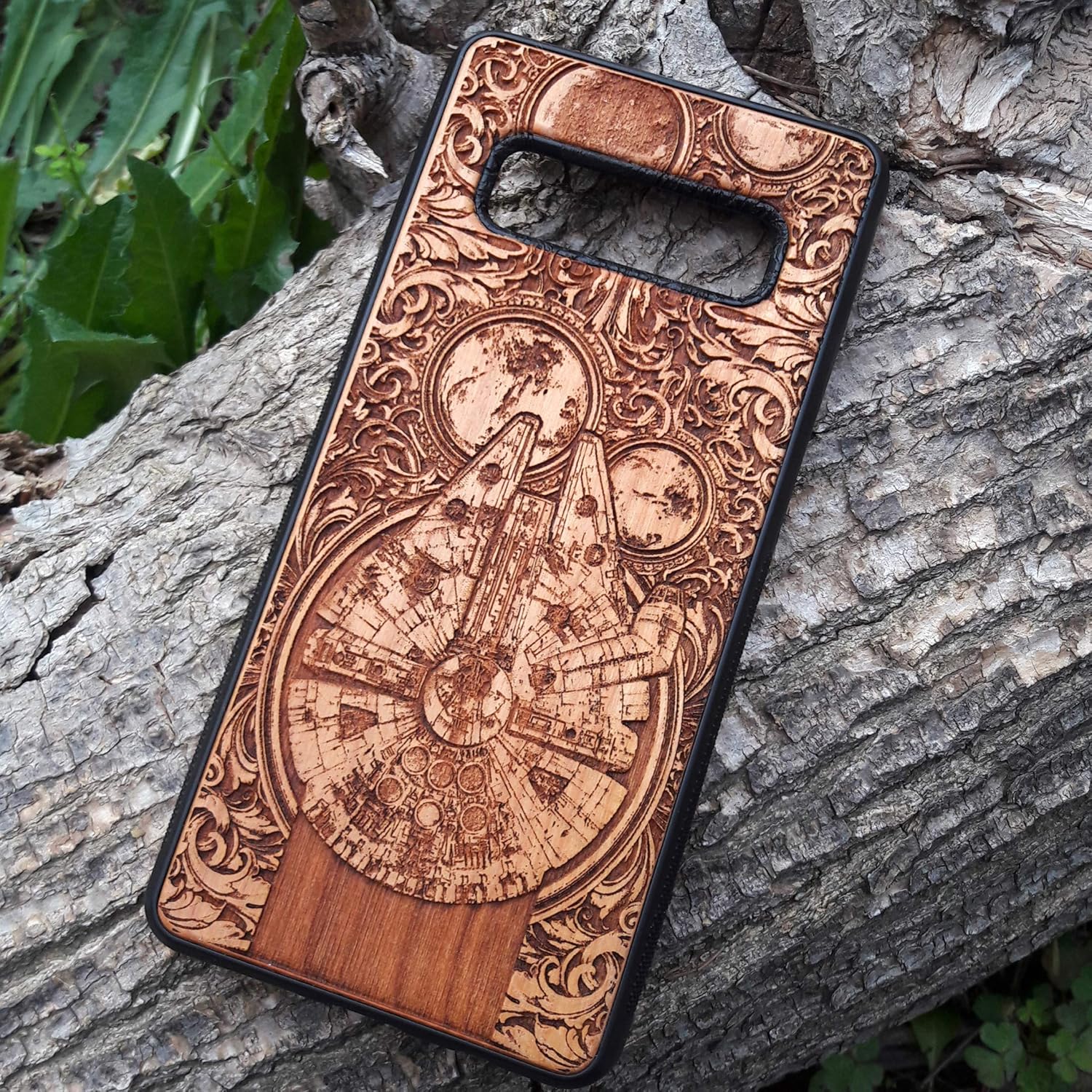 Sci-Fi Spaceship Laser Engraved Wood Case Compatible with iPhone 17, 16, 15 Pro Max Mini & Galaxy S26, S25, S24 Ultra Plus – Eco-Friendly, Slim, Durable Wooden Phone Cover