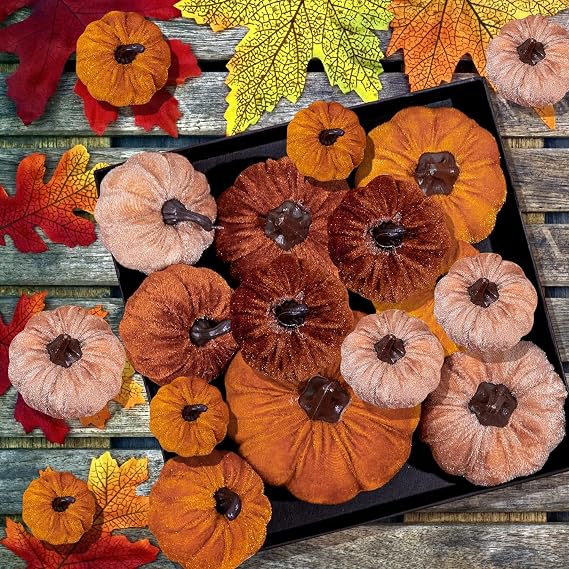 12 PCS Vibrant Artificial Pumpkins Set - Perfect for Pumpkin Decor, Ideal for Fall, Halloween, Thanksgiving Decorating 3 sizes and colors of fake velvet pumpkins Foam Pumpkins - Harvest Pumpkins, Faux