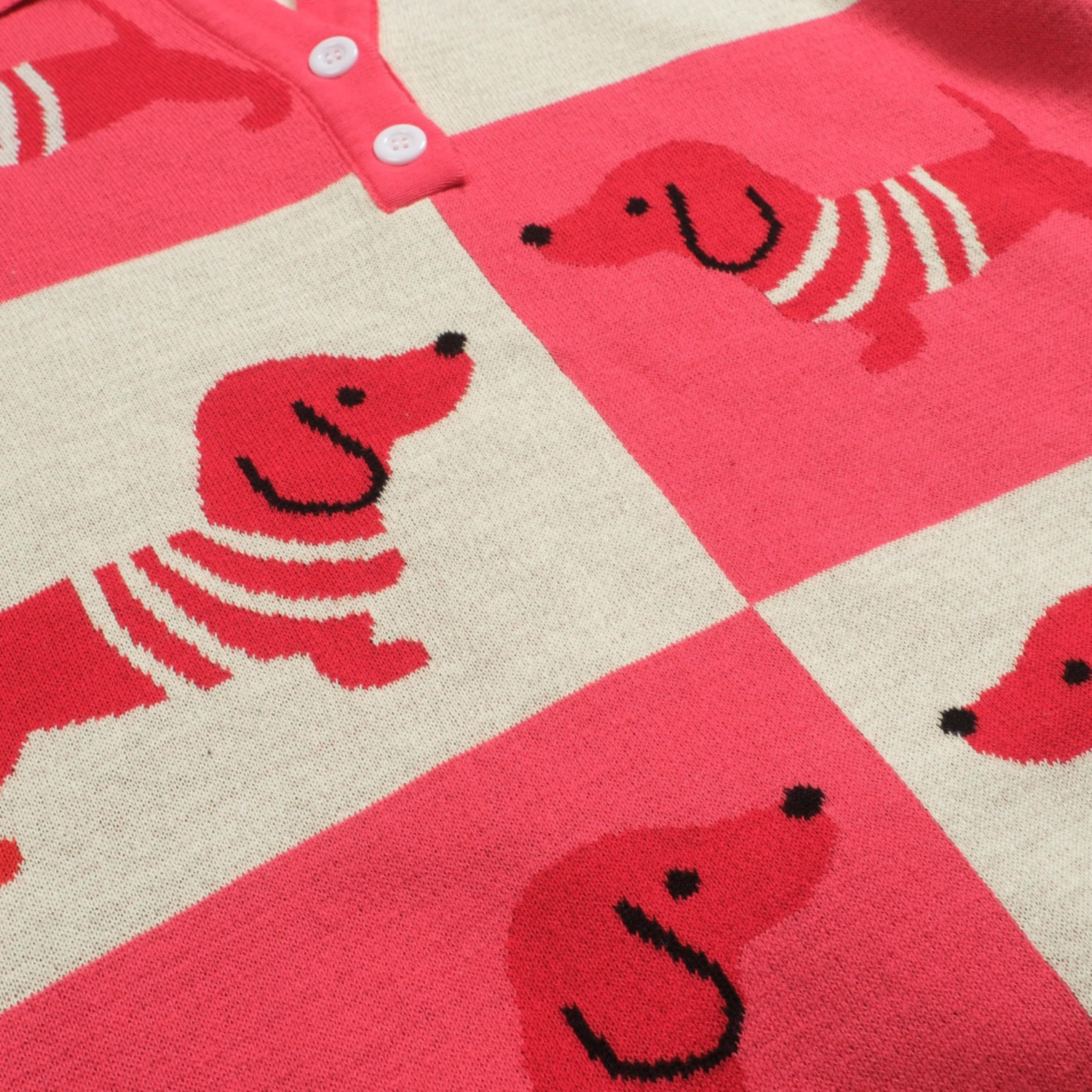 OXKNIT Damen Poloshirt Kurzarm Rosa mit V-Ausschnitt aus Jacquard-Strick mit Dackelmuster