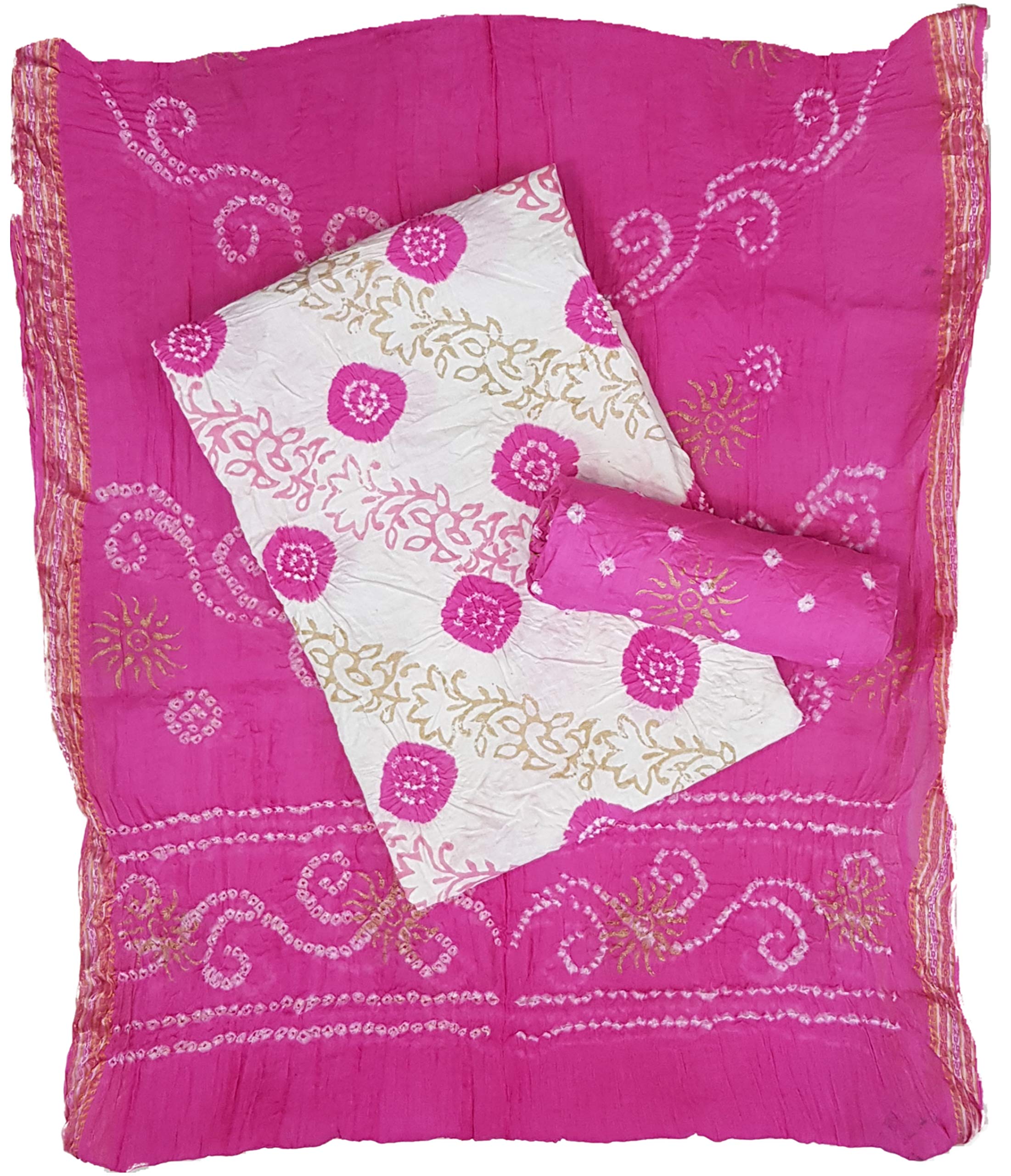 M S BANDHANIWomen's Cotton Unstitched Bandhej with Block Print Dress Material