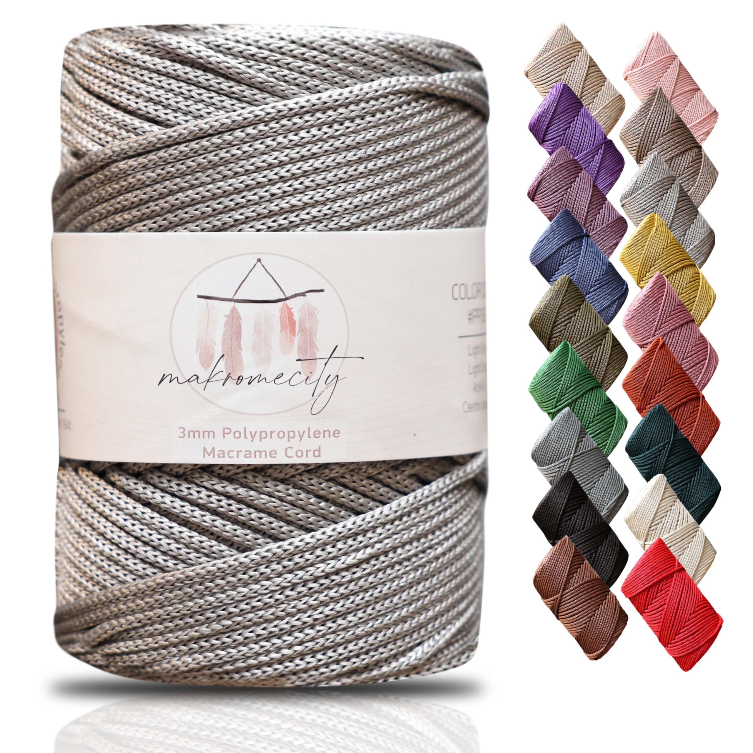 Makromecity Premium Polyester Macrame Cord, 3mm x 131 Yards (394 feet), Light Grey, Perfect for Wall Hangings, Bags, Underplate, Rug