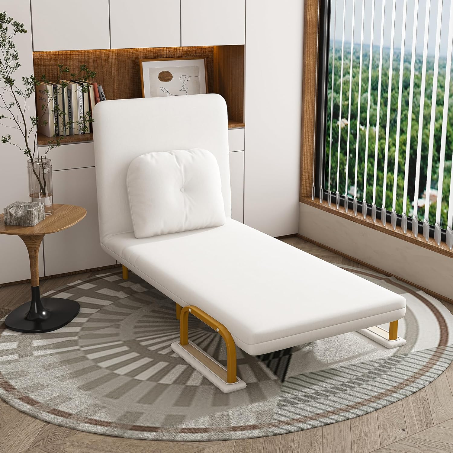 KEIKI Folding Sofa Bed Chair configured as a chaise lounger, white color with gold accents, in a room setting.