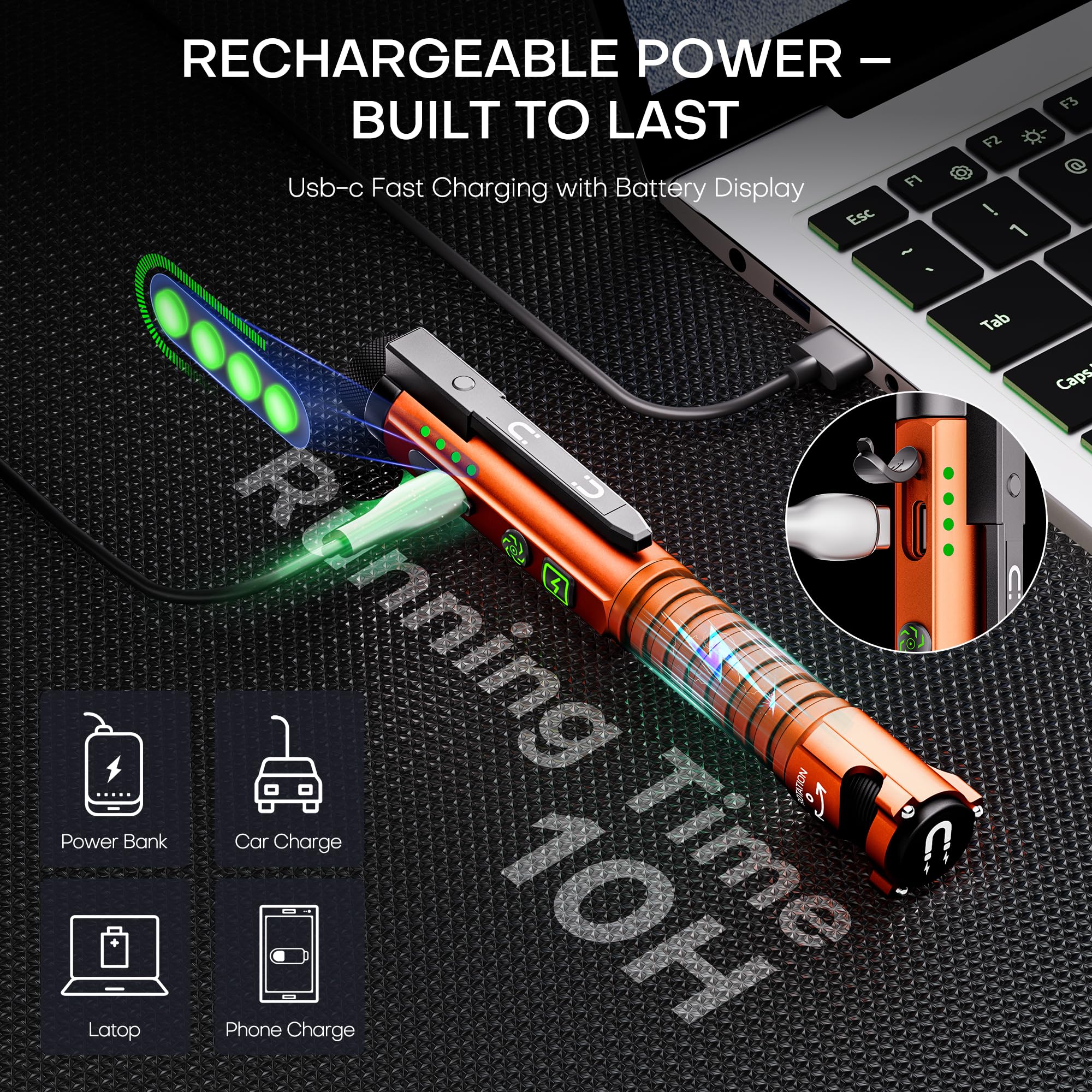 EDC - Torcia tascabile ricaricabile, 800 lumen, con fascio rosso, U V e LED bianco, clip magnetica e base, 11 modalità di illuminazione, interruttore di vetro e apribottiglie per lavoro, casa