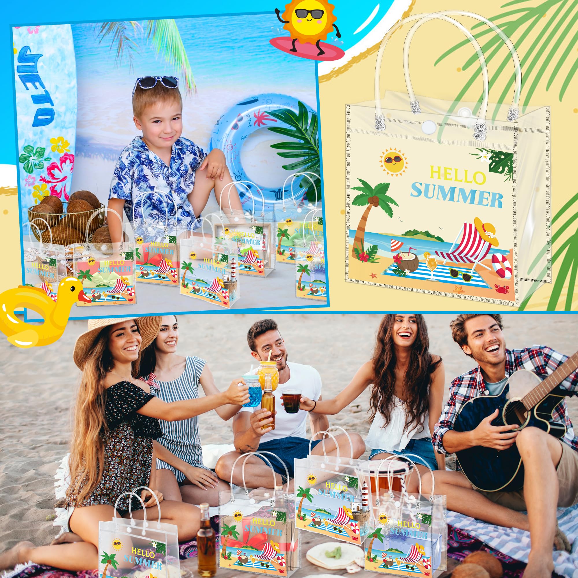 H1vojoxo Hello Summer Gift Bags - 24PCS Sunny Beach Clear Gift Bags with Handles 7.87 x 3.2 x 7.87 Inch Reusable PVC Plastic Transparent Waterproof Tote Bag for Summer Party Birthday Party Supplies