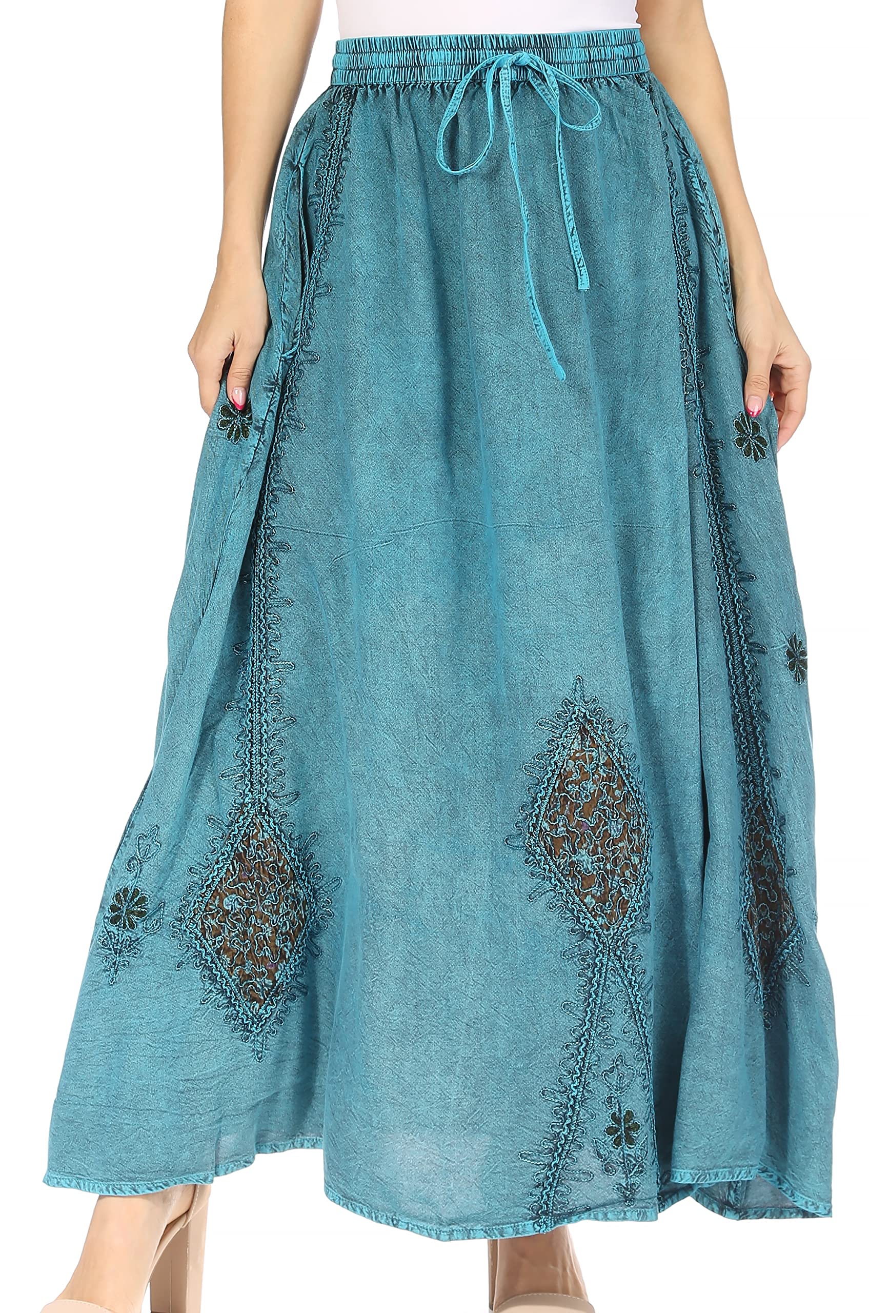 Sakkas Zarah Frauen Boho Stickerei Zigeuner Rock mit Spitze elastische Taille Taschen