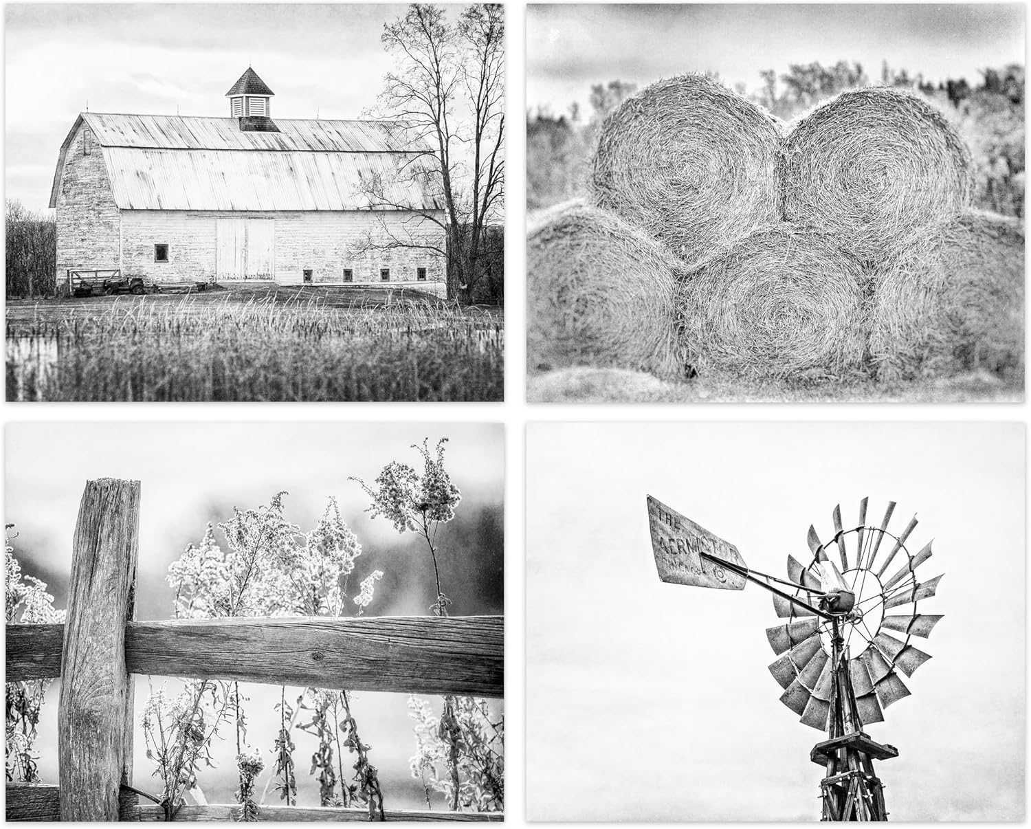 Lisa Russo Fine Art - Black and White Rustic Farmhouse Wall Art Set of 4 8x10” Unframed Prints - Neutral Tone Vintage Barn, Hay, Windmill Photographs for Wall Decor