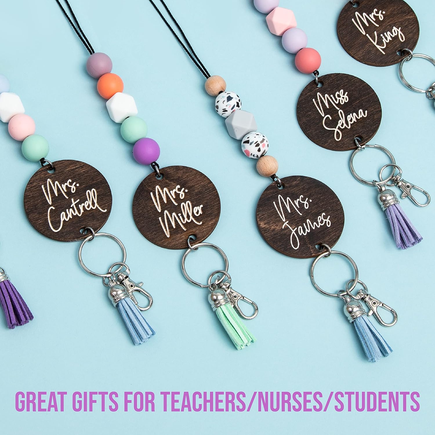 By the Graces Handmade Personalized Teacher Lanyard for Name Badges and Keys | Durable Beaded Lanyard with Breakaway Clasp | Scratch Resistant Custom Birch Wood Disc Name Tag | Cute Badge Holder