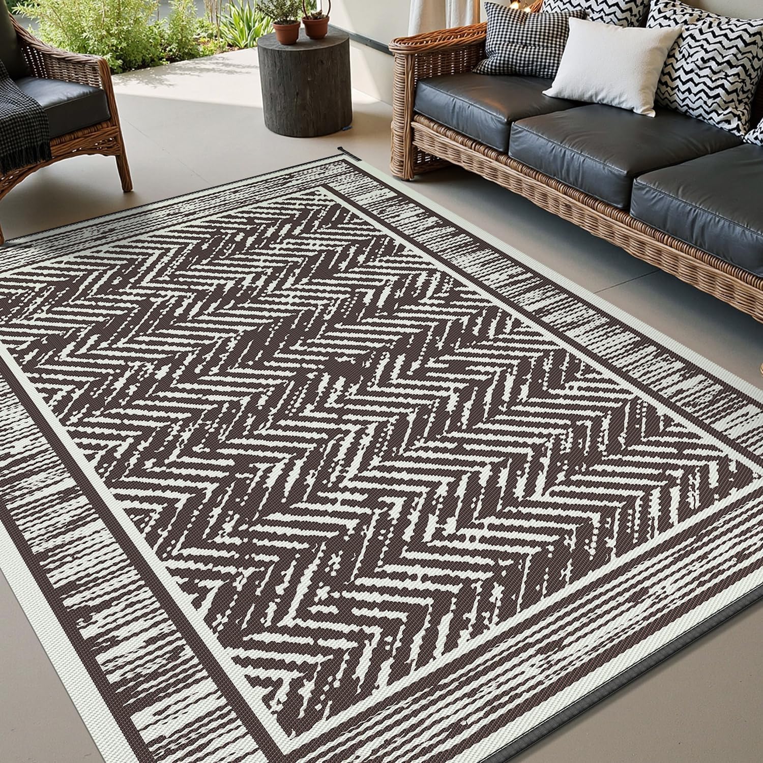 COCOER Outdoor Rug-9x12 ft Waterproof Patio Rug-Reversible Outdoor Carpet Plastic Straw Outside Rug-Camping Mat for RV Porch Balcony Brown&Beige Brown&beige 9' x 12' (Rectangular)
