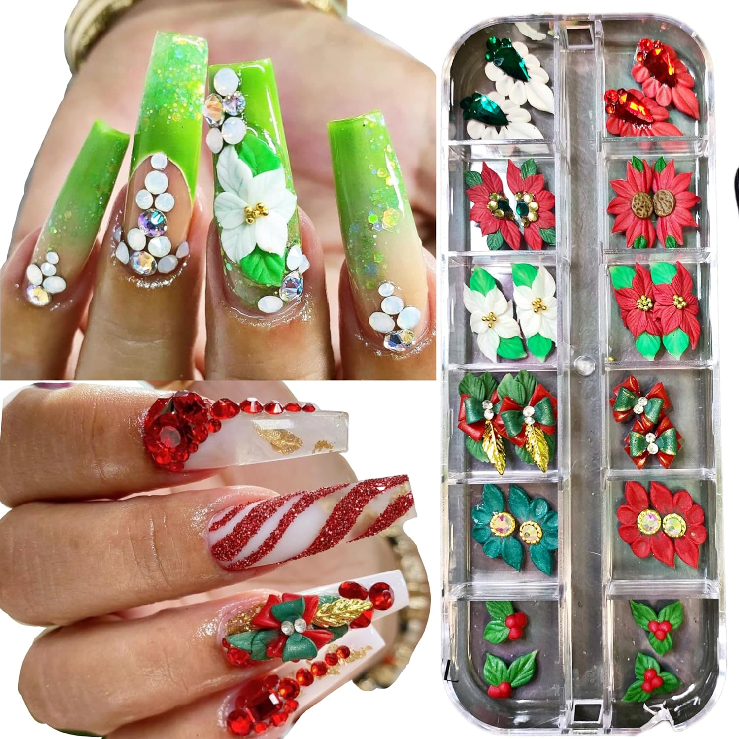 Set 24Pcs 3D Acrylic Christmas Nail Art Charms- Santa, Snowman, Reindeer,Pine tree, Penguin, Bear heart Handmade by Acrylic Powder (Noel-KILUM-Style-1)