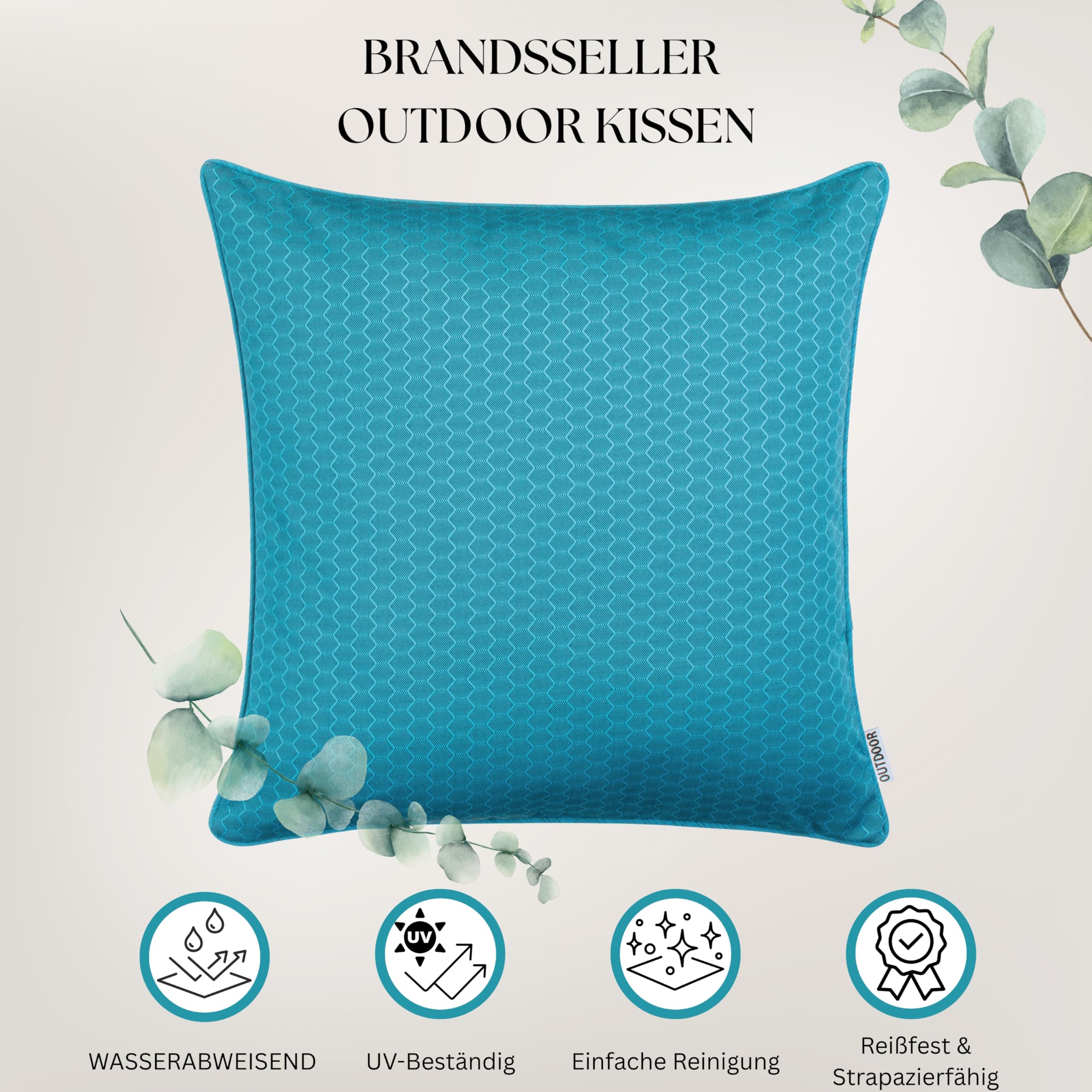 Brandsseller Lot de 4 Coussins d’extérieur 45 x 45 cm Imperméables avec Passepoil Structure alvéolaire Bleu Aqua