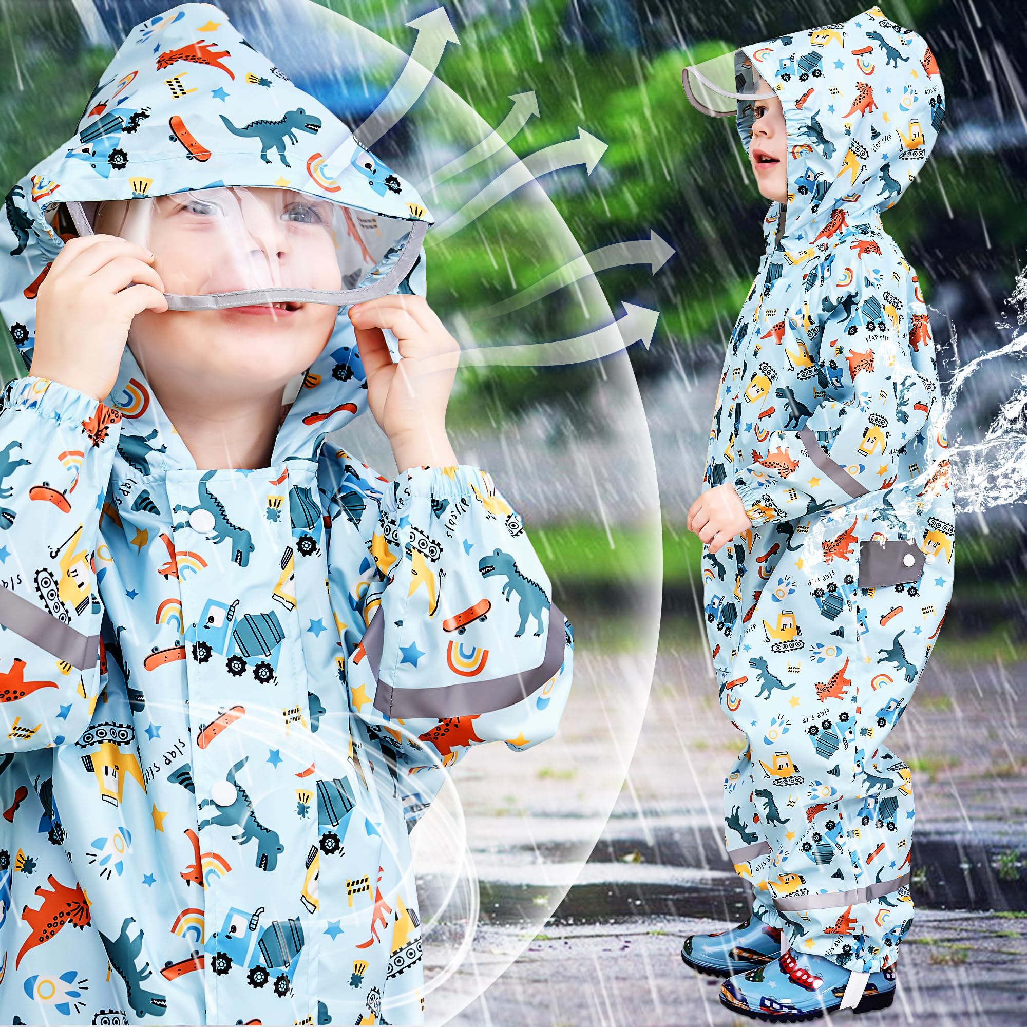 Chubasquero Niño Mono Impermeable Chaquetas Ligero Lindos Traje de Lluvia Plegable Capa de Lluvia con Detalles Reflectantes y Capucha Infantil Bebé 1-9 años