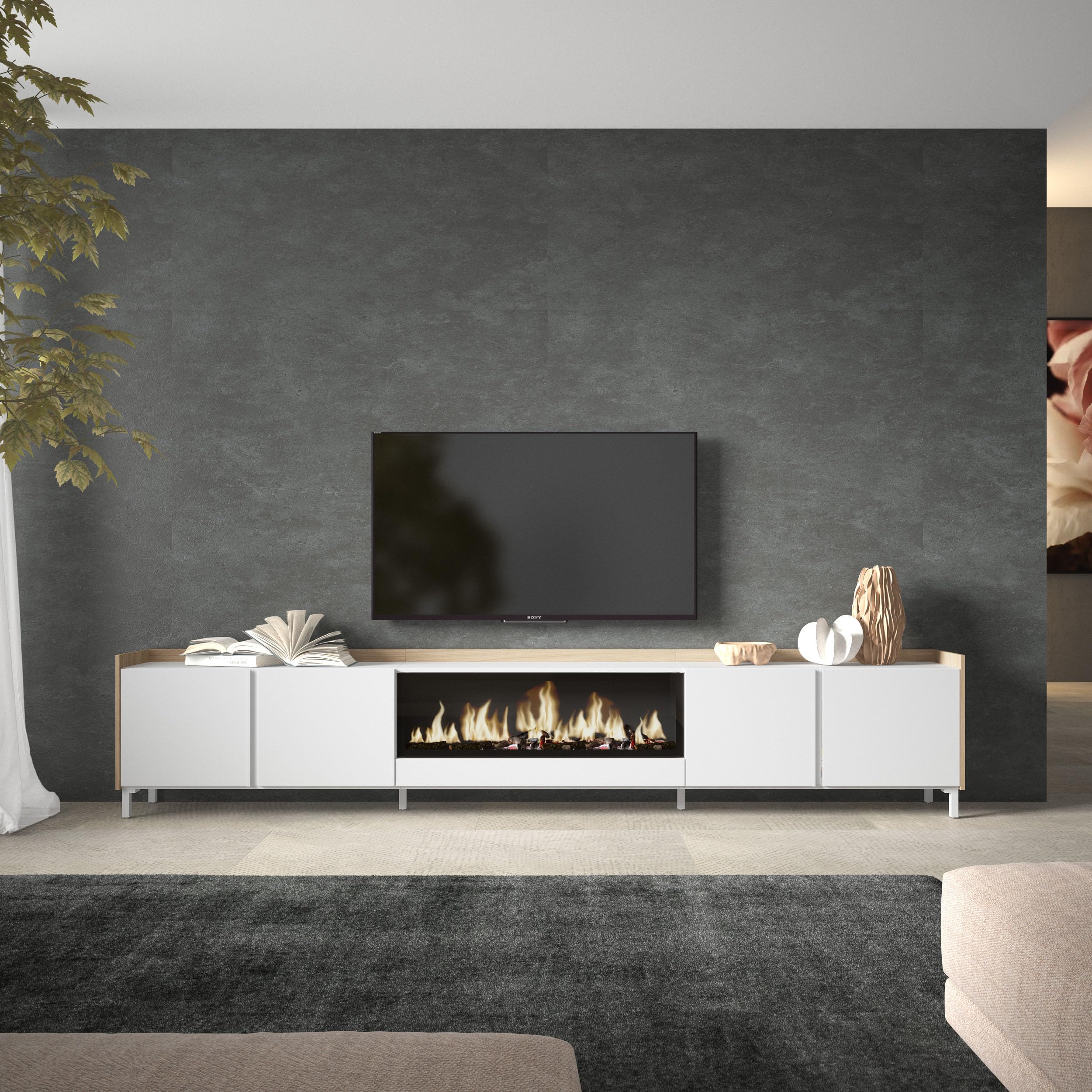 Skraut Home | Mueble TV | Muebles de salón, almacenaje | 315x61x35 cm | para televisión hasta 80" | Chimenea eléctrica XXL | Diseño Industrial | Estilo Moderno | Blanco y Roble Soft