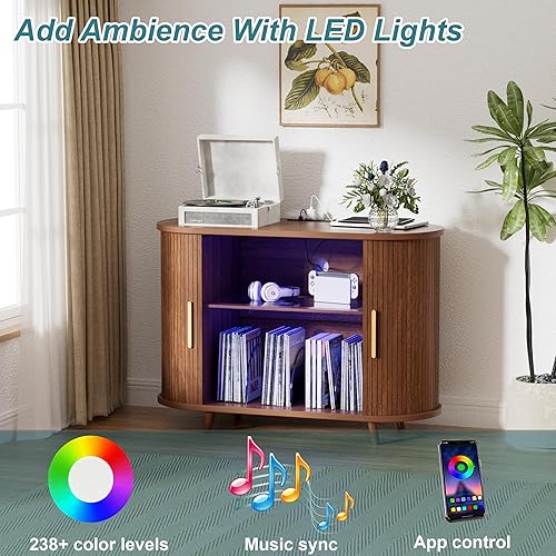 Miniatura 5 de Soporte para tocadiscos con almacenamiento de vinilo, gabinete multimedia moderno con estación de carga y luces LED, soporte para puerta corrediza,