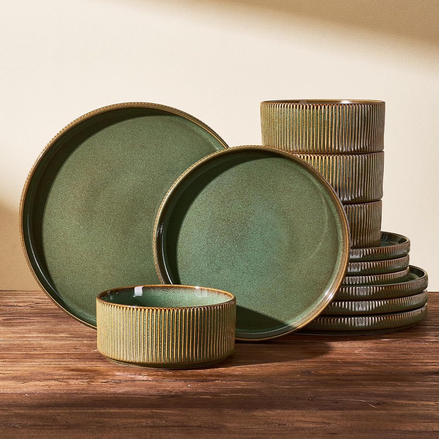 Stoneware Dinnerware Sets, Handcrafted Double Reactive Glaze Plates and Bowls for Everyday & Formal Dining, Microwave & Dishwasher Safe, Scratch Resistant Dishes Service for 4 (12-Piece), Moss