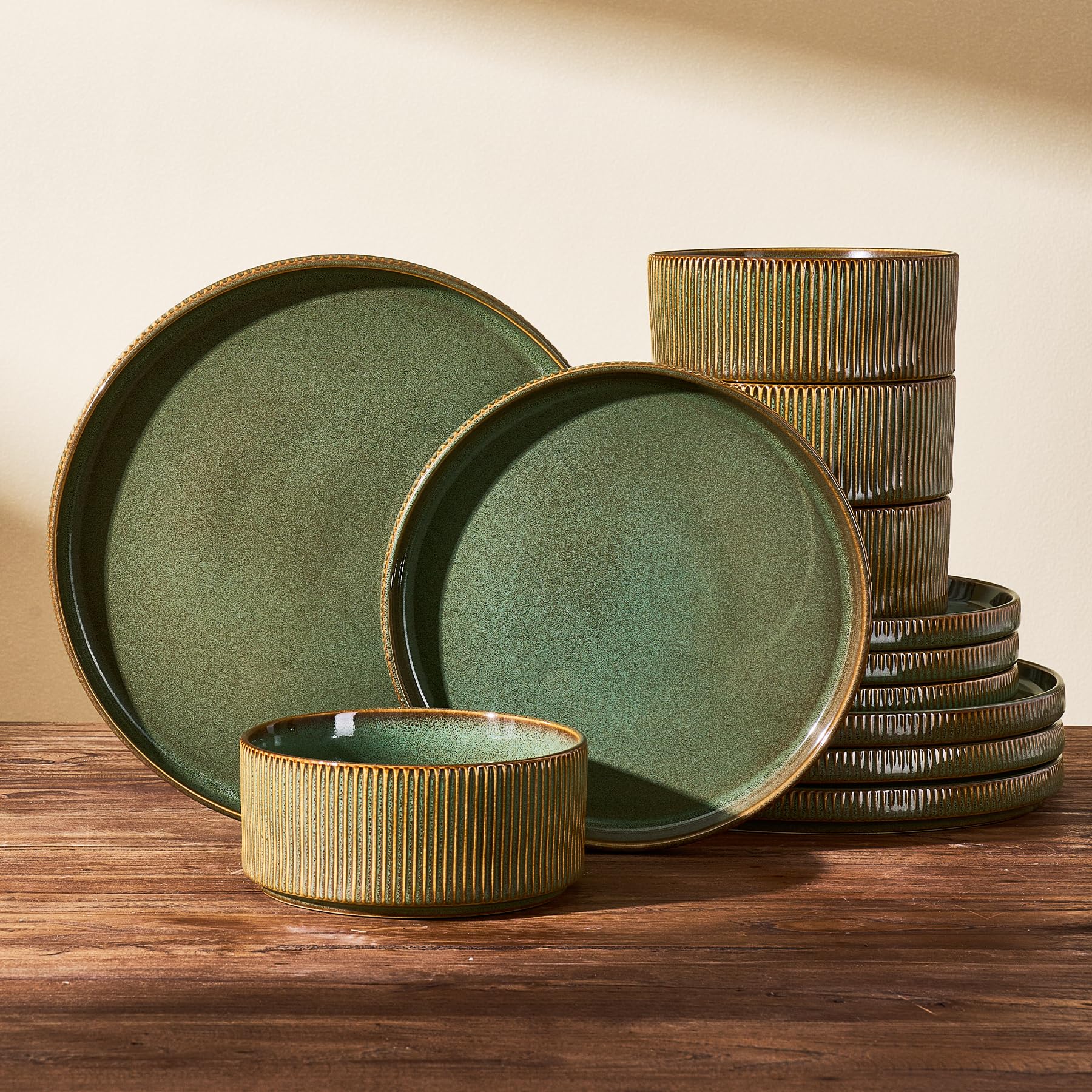 Richmount Star Plates and Bowls Set, 18 Pieces Dinner Sets for 6 People, Stoneware Dinnerware Sets with Dinner Plates/Salad Plate/Cereal Bowls, Dishwasher & Microwave Safe, Moss