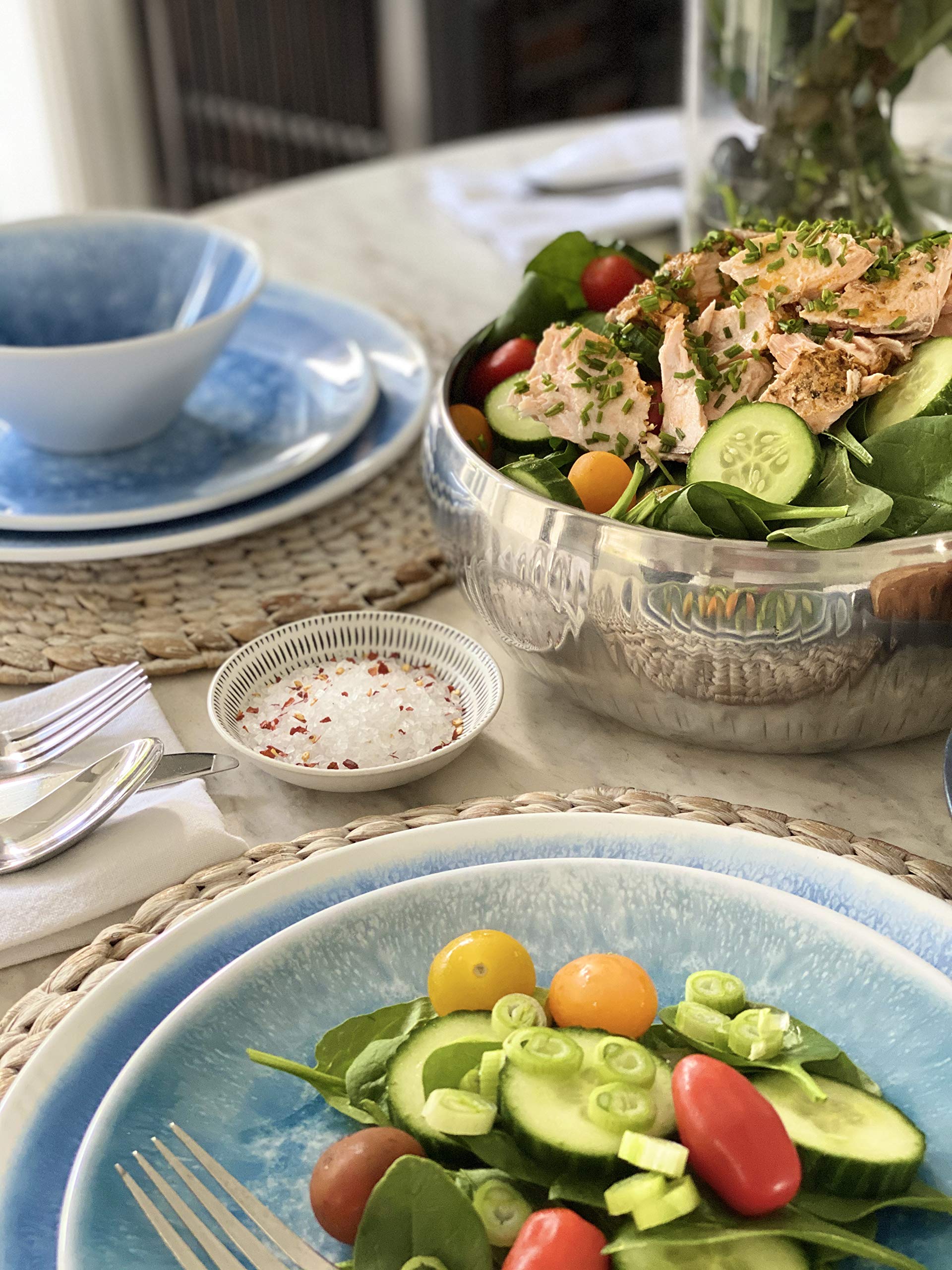 BZYOO BPA-Free Dishwasher Safe 100% Melamine Plastic Designed Plate Bowl Set Best for Indoor and Outdoor Party (12 PCS Dinnerware set, Service for 4, Reactive Blue)